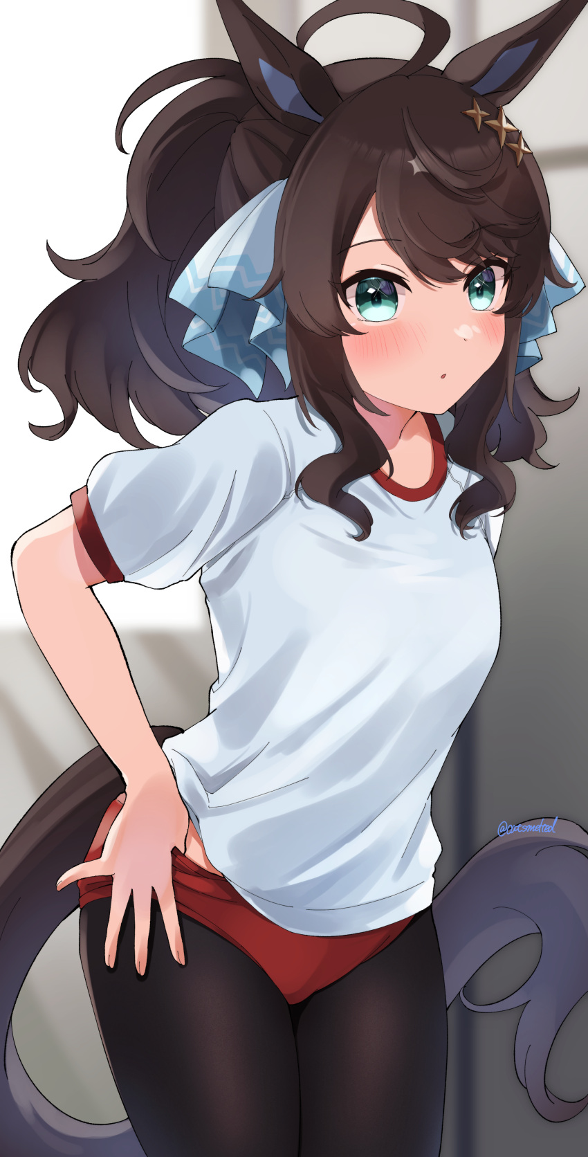 absurdres ahoge alternate_costume animal_ears black_hair blue_eyes blurry blurry_background blush breasts buruma closed_mouth commentary_request daring_tact_(umamusume) female hair_ornament highres horse_ears horse_girl horse_tail looking_at_viewer medium_breasts medium_hair pantyhose solo tail toketa_neko twitter_username umamusume