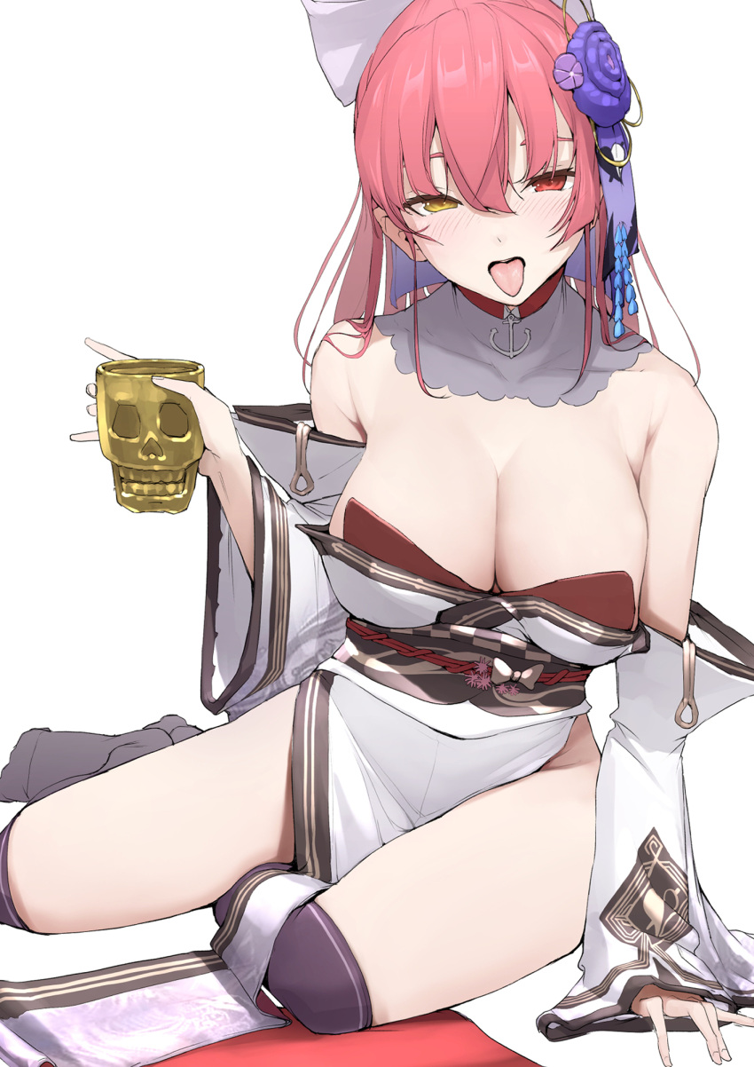 arm_support blush breasts cleavage commentary_request cropped cup detached_collar detached_sleeves dokuro-kun_(houshou_marine) female flower full_body hair_between_eyes hair_flower hair_ornament heterochromia highres holding holding_cup hololive houshou_marine houshou_marine_(new_year) japanese_clothes kimono large_breasts long_hair long_sleeves looking_at_viewer mitsuru_(pixiv_34028718) no_shoes off_shoulder official_alternate_costume open_mouth pink_hair ponytail red_eyes simple_background sitting solo tongue tongue_out variant_set virtual_youtuber white_background white_kimono yellow_eyes