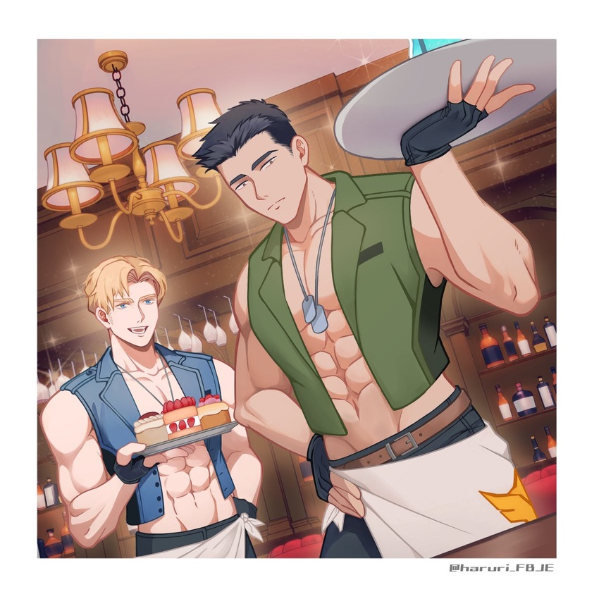 2boys abs ao_isami apron bar_(place) bara bare_pectorals belt black_hair black_pants blonde_hair blue_eyes blue_vest border bottle brown_belt cake cake_slice chandelier closed_mouth cowboy_shot cup dog_tags drinking_glass dutch_angle facial_hair fingerless_gloves food gloves green_vest groin hand_on_own_hip haruri_fbje highres lewis_smith looking_at_another male_focus multiple_boys pants pectorals short_hair sideburns_stubble sleeveless sparkle strawberry_shortcake stubble twitter_username vest waist_apron white_apron white_border yuuki_bakuhatsu_bang_bravern