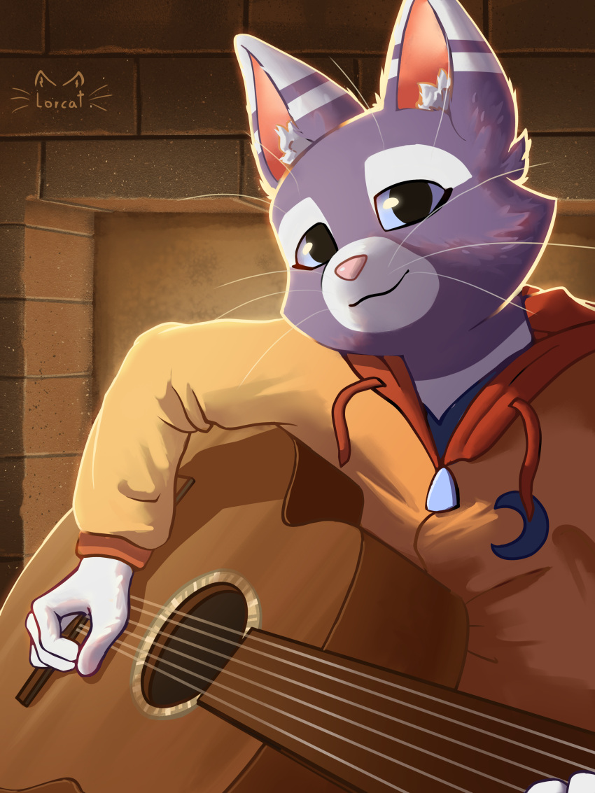 absurd_res anthro blue_eyes clothing domestic_cat felid feline felis fur guitar hi_res hoodie liam_(lorcat) lorcat male mammal musical_instrument plucked_string_instrument purple_body solo string_instrument subsurface_scattering topwear whiskers white_body white_fur