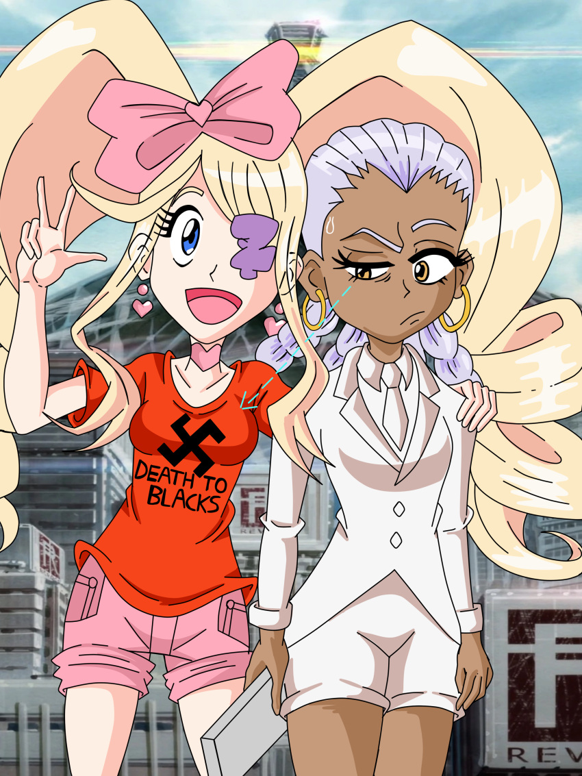 2girls absurdres arms_at_sides arrow_(symbol) bad_deviantart_id bad_id blazer blonde_hair blue_eyes blue_sky bow breasts brown_eyes building buttons casual choker city closed_mouth clothes_writing collarbone collared_shirt cowboy_shot dark-skinned_female dark_skin day dotted_line drill_hair earrings english_text eyelashes frown gold_earrings hairbow hand_on_another's_shoulder harime_nui heart heart_choker heart_earrings highres holding hoop_skirt hououmaru_rei jacket jewelry kill_la_kill long_eyelashes long_hair long_sleeves looking_at_another looking_at_breasts looking_at_viewer looking_to_the_side medium_breasts multiple_girls necktie one_eye_covered onichanta open_mouth orange_shirt outdoors parody pink_bow pink_choker pink_shorts pocket profanity racism self-upload shirt short_sleeves shorts sky swastika sweat t-shirt tongue twintails white_hair white_jacket white_necktie white_shirt white_shorts