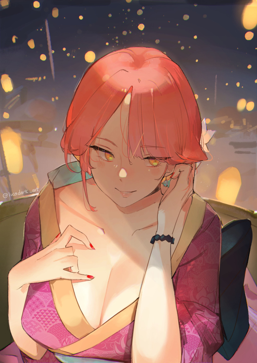 absurdres adjusting_hair bishamon_kikkou bracelet breasts chromatic_aberration cleavage earrings female floral_print highres japanese_clothes jewelry kikkoumon kimono large_breasts light_blush lotus_print lucadark_art night original parted_lips pink_hair pink_kimono print_kimono red_nails seigaiha shippou_(pattern) short_hair smile solo teeth tucking_hair twitter_username uroko_(pattern) yellow_eyes yukata