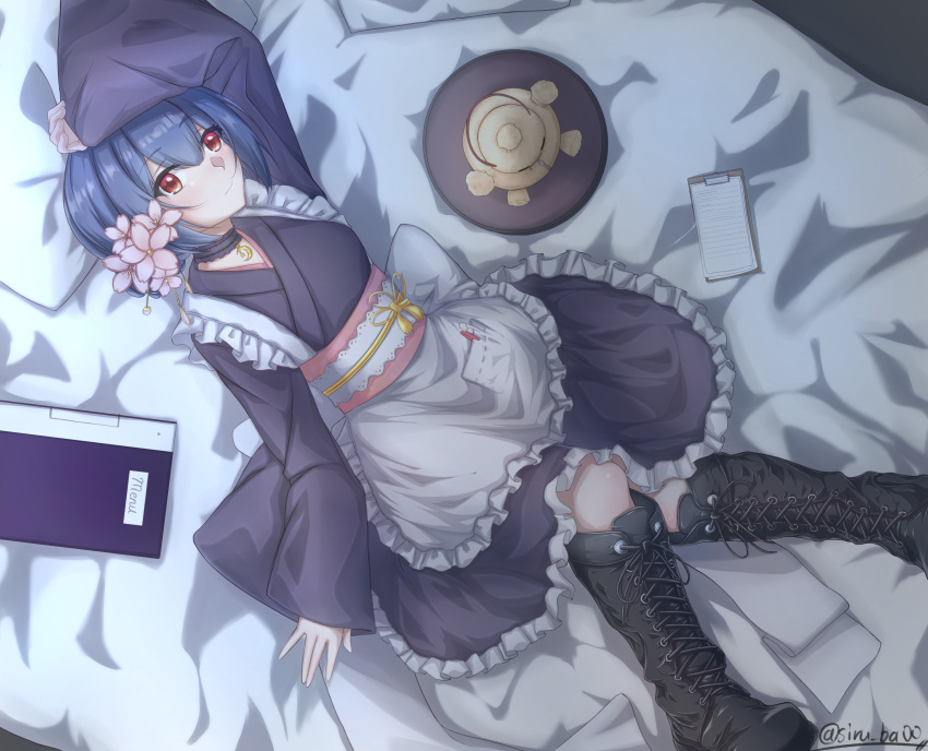 absurdres apron bedroom blue_hair blush boots collar female flower hair_bun hair_flower hair_ornament highres idolmaster idolmaster_shiny_colors indoors kagin_(kagou_shita_nanika) looking_at_viewer lying maid morino_rinze on_back on_bed pillow pocket red_eyes short_hair single_hair_bun solo stuffed_toy wa_maid waitress