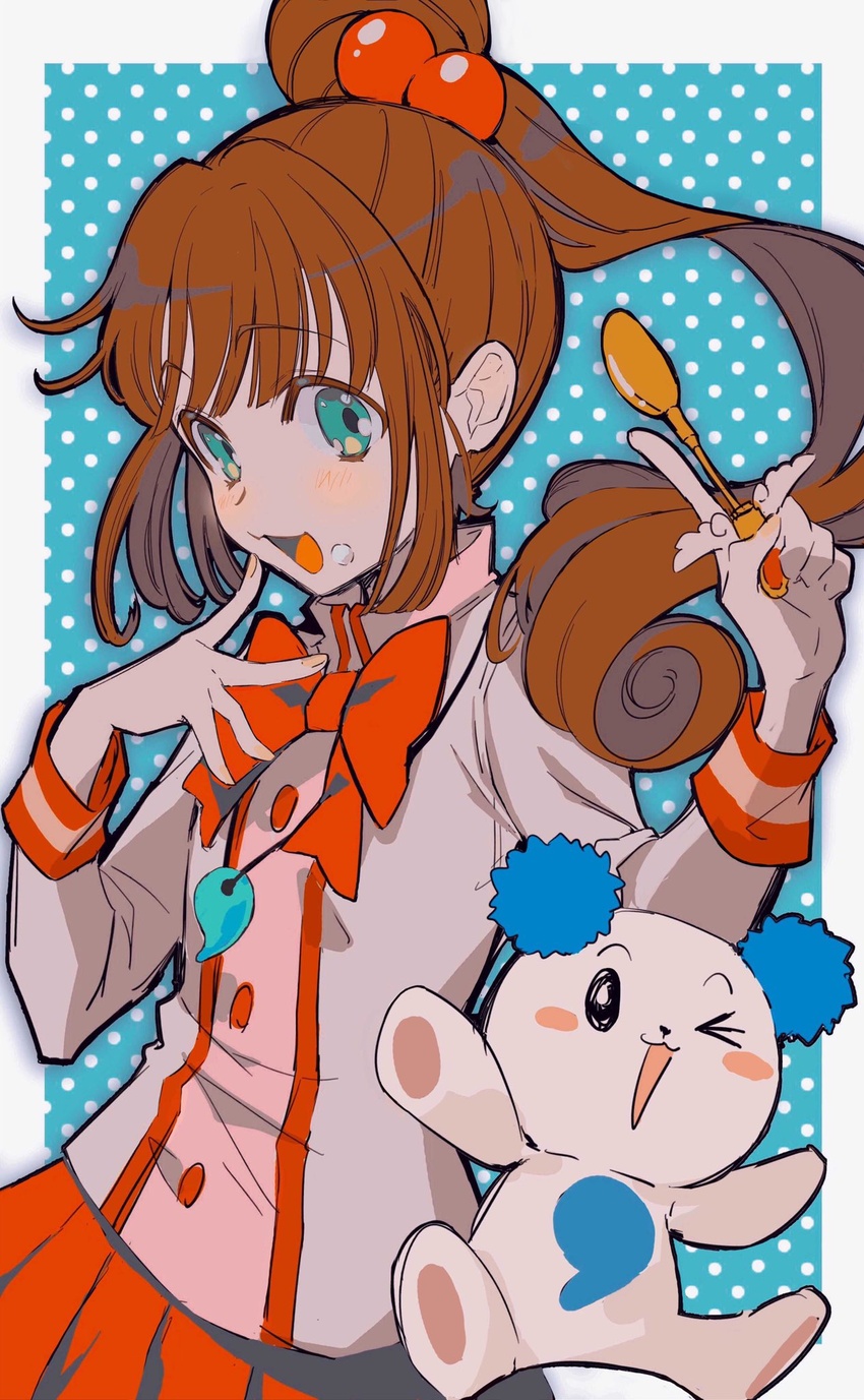 aqua_eyes blush blush_stickers border bow bowtie brown_hair creature eyes_visible_through_hair female fingernails food food_on_face grey_border highres himeno_mimika holding holding_spoon jewelry long_hair looking_at_viewer magatama magatama_necklace magatama_print miracle!_mimika necklace one_eye_closed open_mouth polka_dot polka_dot_background ponytail red_bow red_bowtie red_skirt remon_(10112) skirt smile spoon tama_(miracle!_mimika) tongue wings