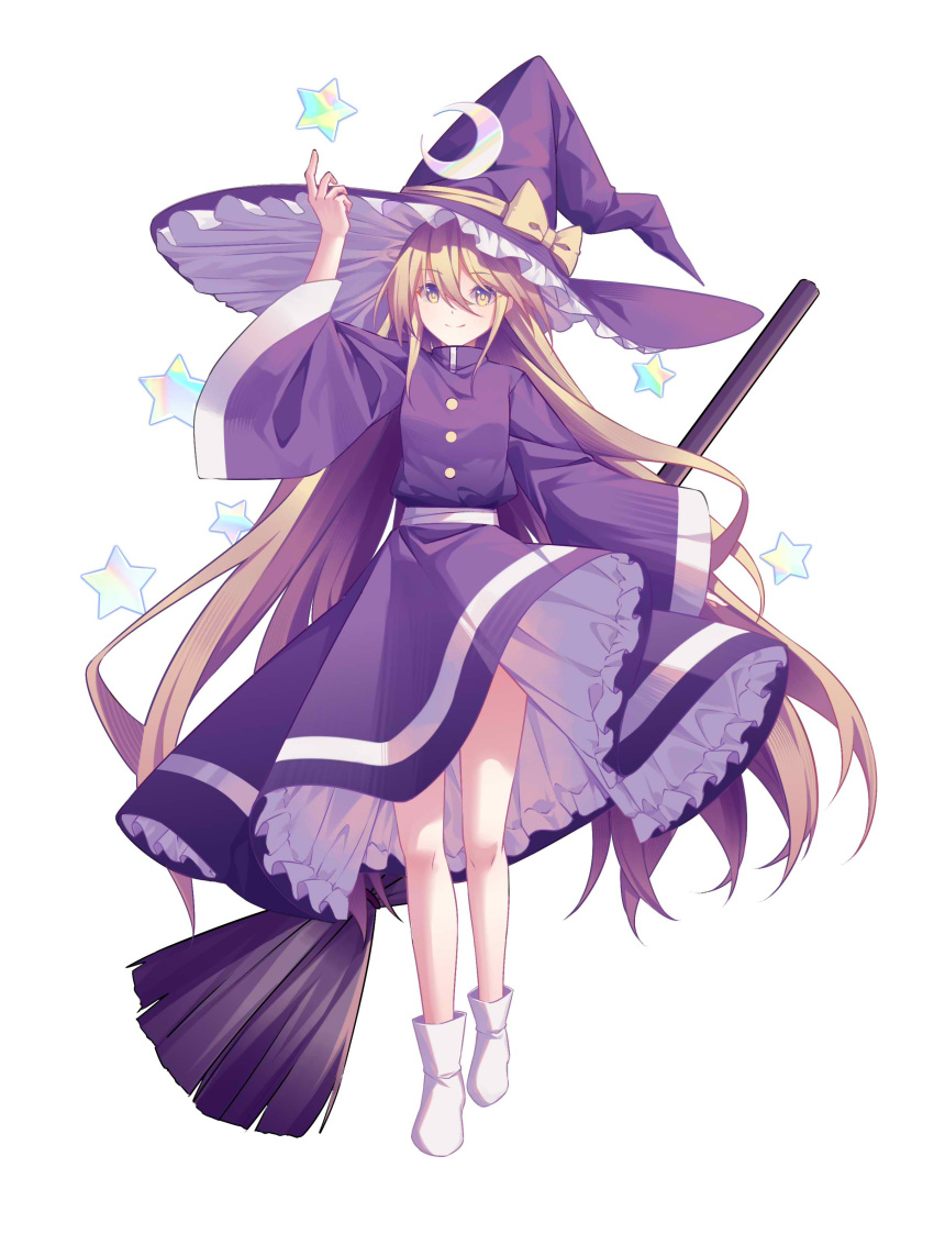 absurdres blonde_hair bow broom chinese_commentary closed_mouth commentary_request crescent crescent_hat_ornament dress female hat hat_bow hat_ornament highres holding holding_broom kirisame_marisa kirisame_marisa_(pc-98) long_hair long_sleeves minuo purple_dress smile socks solo star_(symbol) touhou touhou_(pc-98) very_long_hair white_socks wide_sleeves witch_hat yellow_bow yellow_eyes