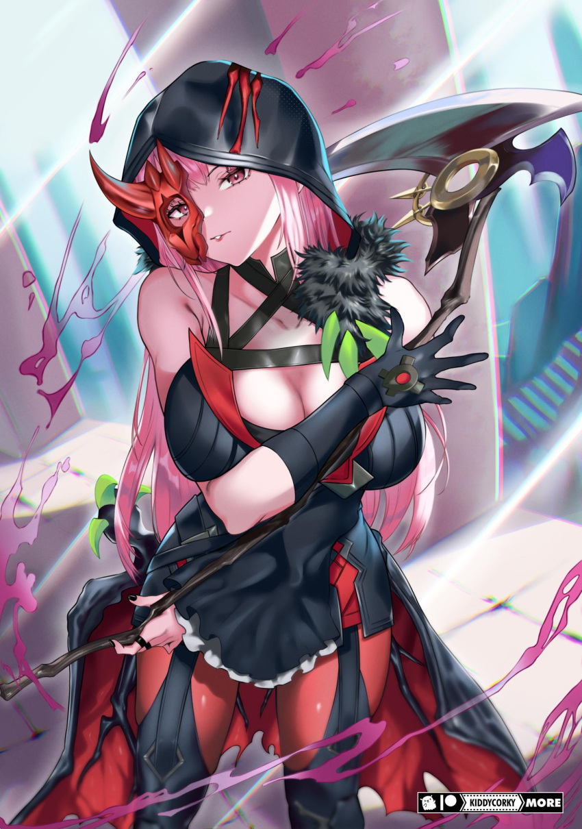 artist_name bare_shoulders black_gloves breasts cleavage cosplay diabellstar_the_black_witch diabellstar_the_black_witch_(cosplay) duel_monster eye_mask female gloves highres holding holding_scythe hololive hololive_english hooded_top kiddycorky large_breasts long_hair looking_at_viewer mori_calliope pink_hair scythe virtual_youtuber yu-gi-oh!