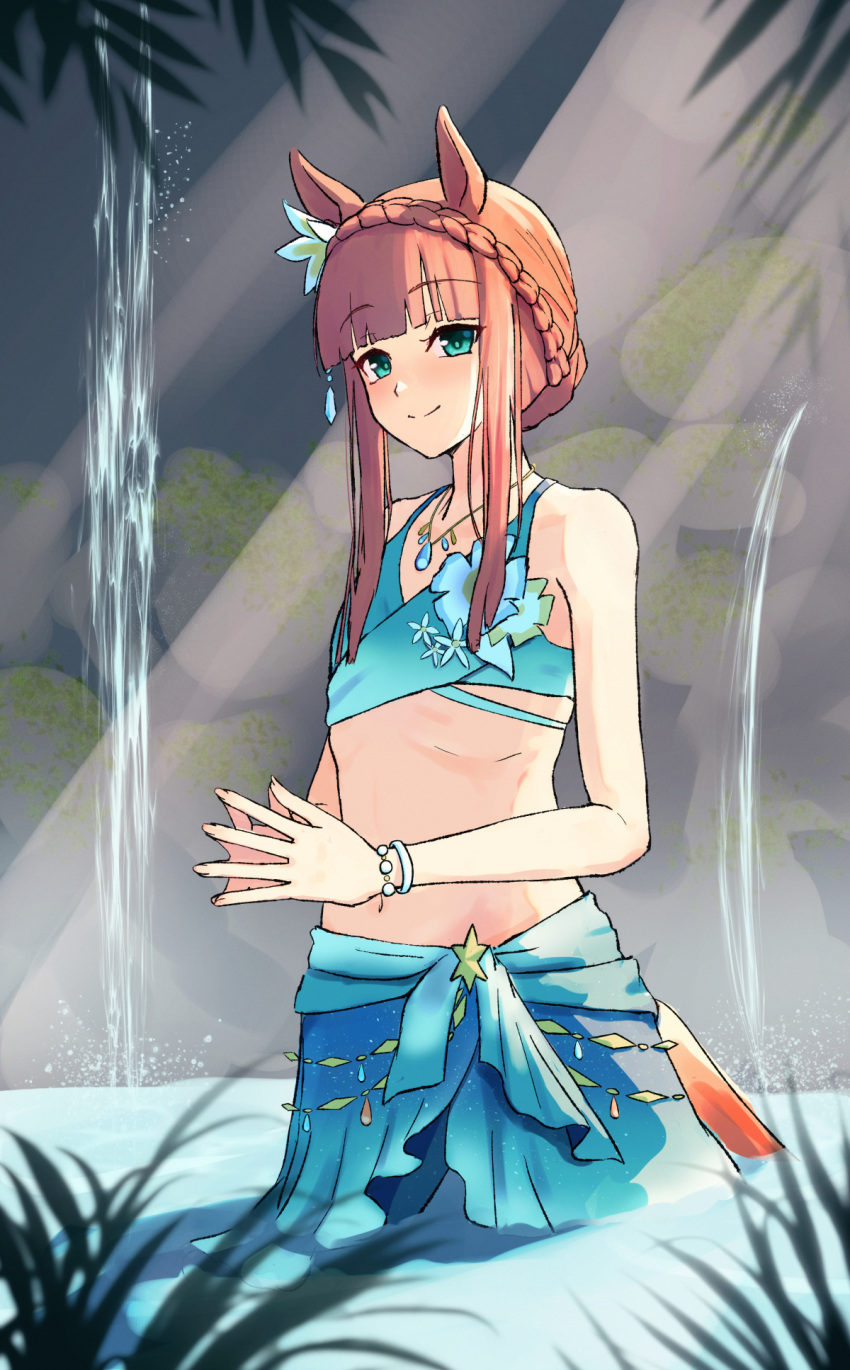 animal_ears aqua_bikini aqua_sarong bare_shoulders bikini blunt_bangs blunt_tresses bracelet braid breasts commentary crown_braid ear_flower female flat_chest flower_on_chest gradient_bikini gradient_sarong harakomeshi highres horse_ears horse_girl jewelry long_hair looking_at_viewer official_alternate_costume official_alternate_hairstyle orange_hair partially_submerged sarong silence_suzuka_(emerald_on_the_waves)_(umamusume) silence_suzuka_(umamusume) small_breasts smile solo swimsuit umamusume water waterfall