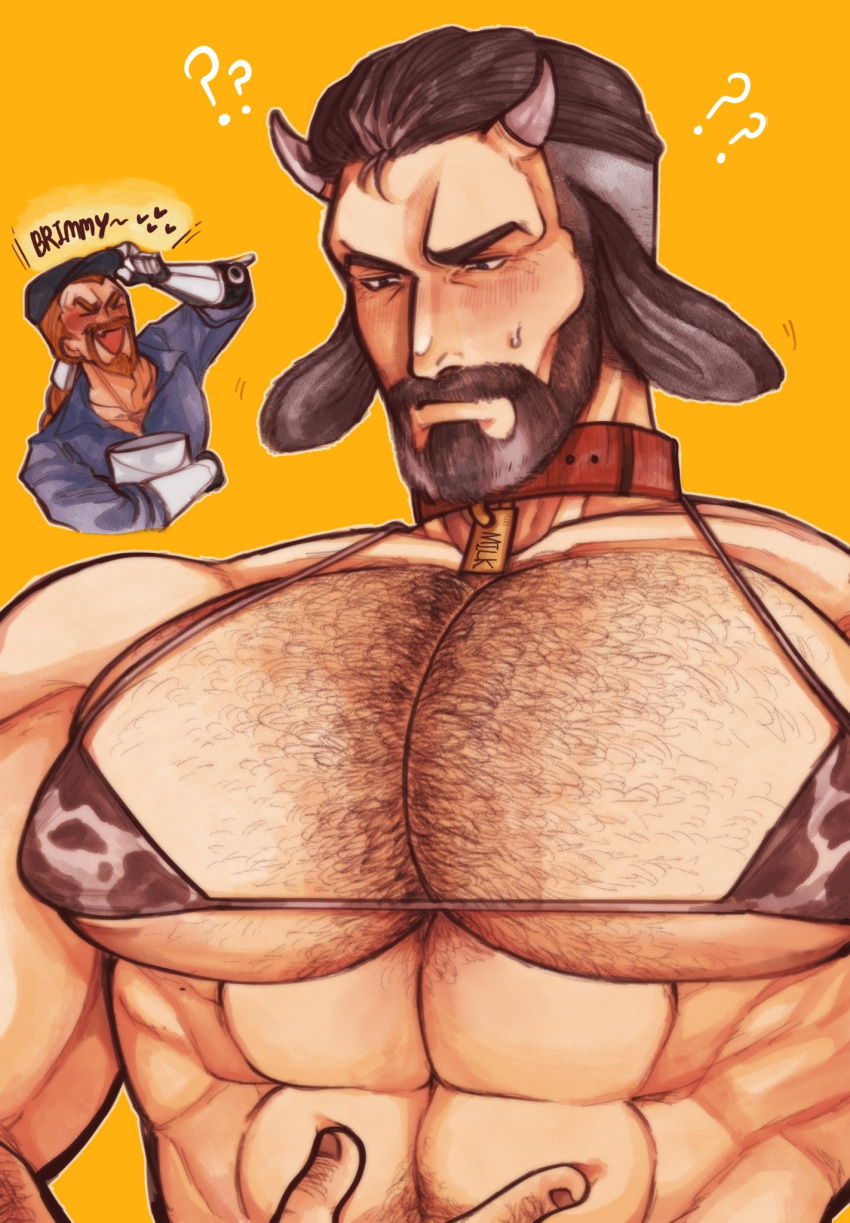 2boys abs animal_ears animal_print bara beard bikini black_hair blush breach_(valorant) brimstone_(valorant) bucket collar collared_shirt cow_ears cow_horns cow_print cow_print_bikini english_text facial_hair feet_out_of_frame hairy hat highres horns large_pectorals male_focus manly mature_male multiple_boys muscular muscular_male nose_blush orange_hair pectorals print_bikini prosthesis prosthetic_arm shirt simple_background sweat sweatdrop swimsuit undercut valorant very_hairy xzikill yellow_background