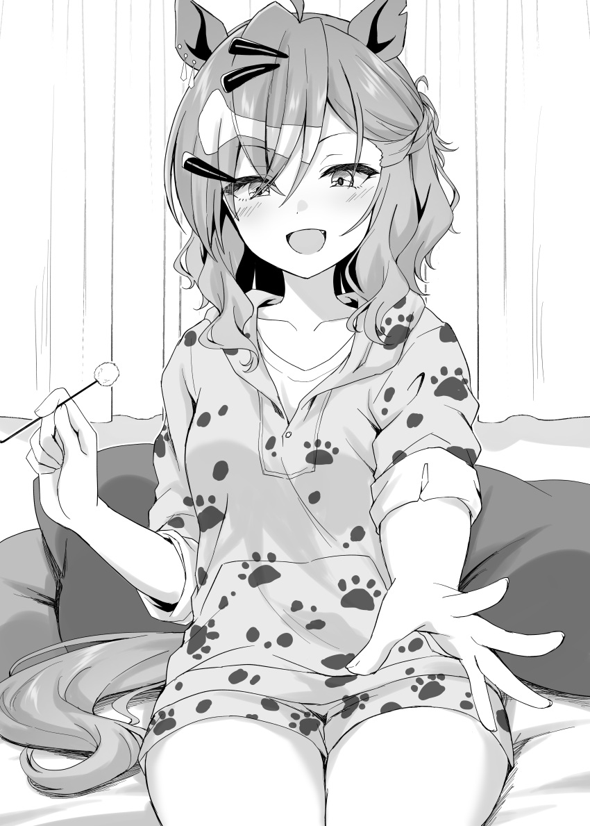 absurdres ahoge alternate_costume animal_ears blush breasts commentary_request female greyscale hair_between_eyes hair_ornament half_up_braid highres holding hood hoodie horse_ears horse_girl horse_tail indoors jungle_pocket_(umamusume) medium_hair mimikaki monochrome multicolored_hair notched_ear on_bed open_mouth paw_print pillow ryochapu sitting sleeves_rolled_up small_breasts smile streaked_hair tail umamusume x_hair_ornament