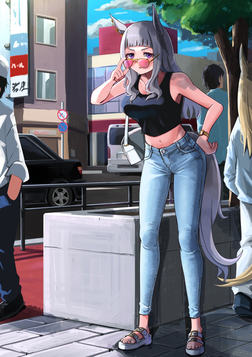 2boys 2girls absurdres adjusting_eyewear alternate_costume animal_ears bag bare_shoulders black_shirt blunt_bangs breasts car commentary coralreef966 crop_top denim full_body gold_ship_(umamusume) grey_hair handbag highres horse_ears horse_girl horse_tail jeans large_breasts long_hair looking_at_viewer midriff motor_vehicle multiple_boys multiple_girls navel pants pink-tinted_eyewear purple_eyes sandals shirt sidelocks sleeveless sleeveless_shirt solo_focus sunglasses tail tail_through_clothes tinted_eyewear toyota toyota_hiace umamusume white_bag white_footwear yellow-framed_eyewear