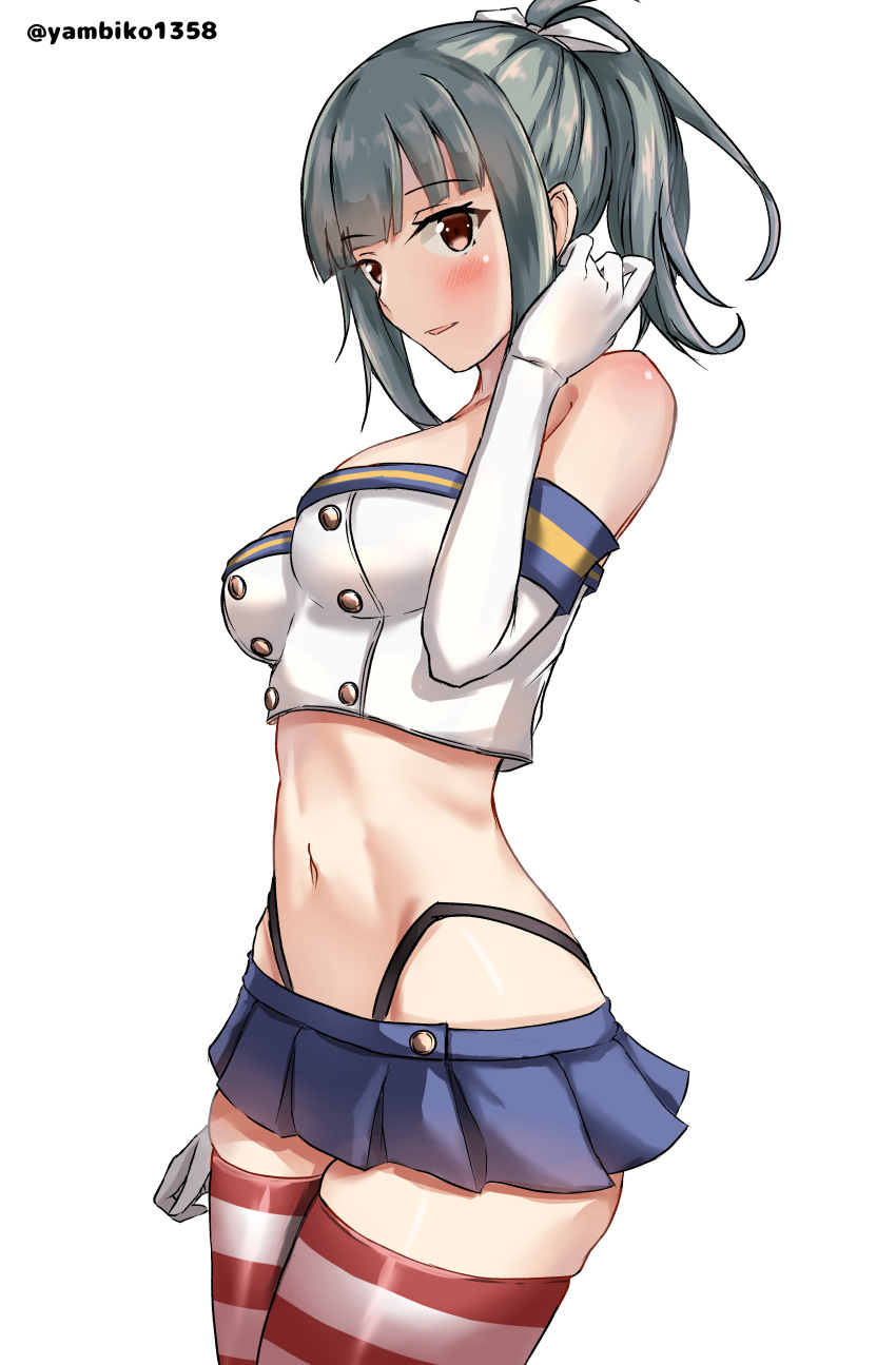 absurdres adjusting_hair alternate_breast_size arm_behind_back black_neckerchief black_panties blue_skirt blush breasts buttons cosplay crop_top double-breasted elbow_gloves female from_side gloves green_hair hair_ribbon hand_up highleg highleg_panties highres hip_focus horizontal-striped_thighhighs kantai_collection light_smile looking_at_viewer looking_down medium_breasts medium_hair microskirt midriff mizuki_(uzuki_no_sato) navel neckerchief panties parted_lips pleated_skirt ponytail purple_eyes red_eyes ribbon sailor_collar shimakaze_(kancolle) shimakaze_(kancolle)_(cosplay) shirt skirt solo striped_clothes striped_thighhighs thighhighs thighs thong underwear white_gloves white_ribbon white_shirt yuubari_(kancolle) yuubari_kai_ni_(kancolle)