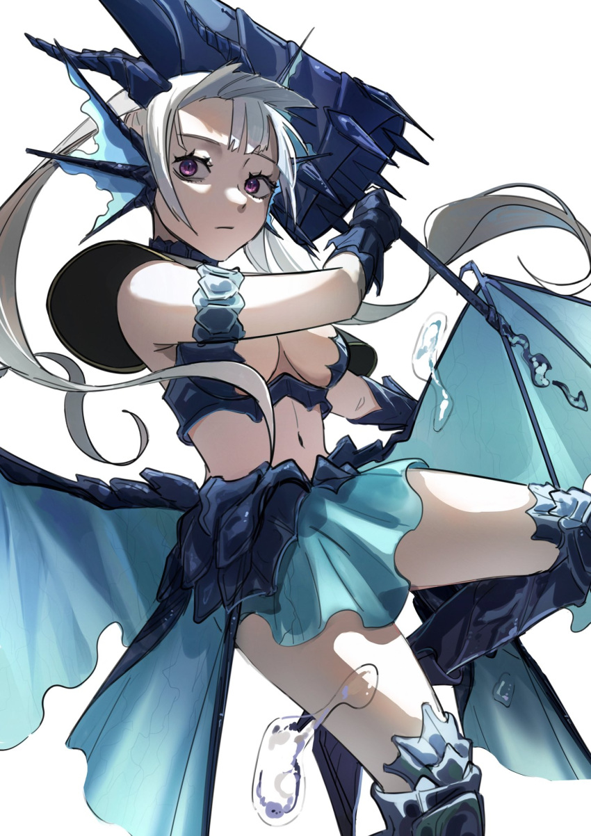 black_capelet black_clover breasts capelet closed_mouth dragon_girl dragon_horns dragon_wings dragoon female fins gauntlets grey_hair head_fins highres holding holding_polearm holding_weapon horns long_hair looking_at_viewer low_twintails medium_breasts midriff noelle_silva polearm poonwip purple_eyes simple_background solo twintails valkyrie water weapon white_background wings