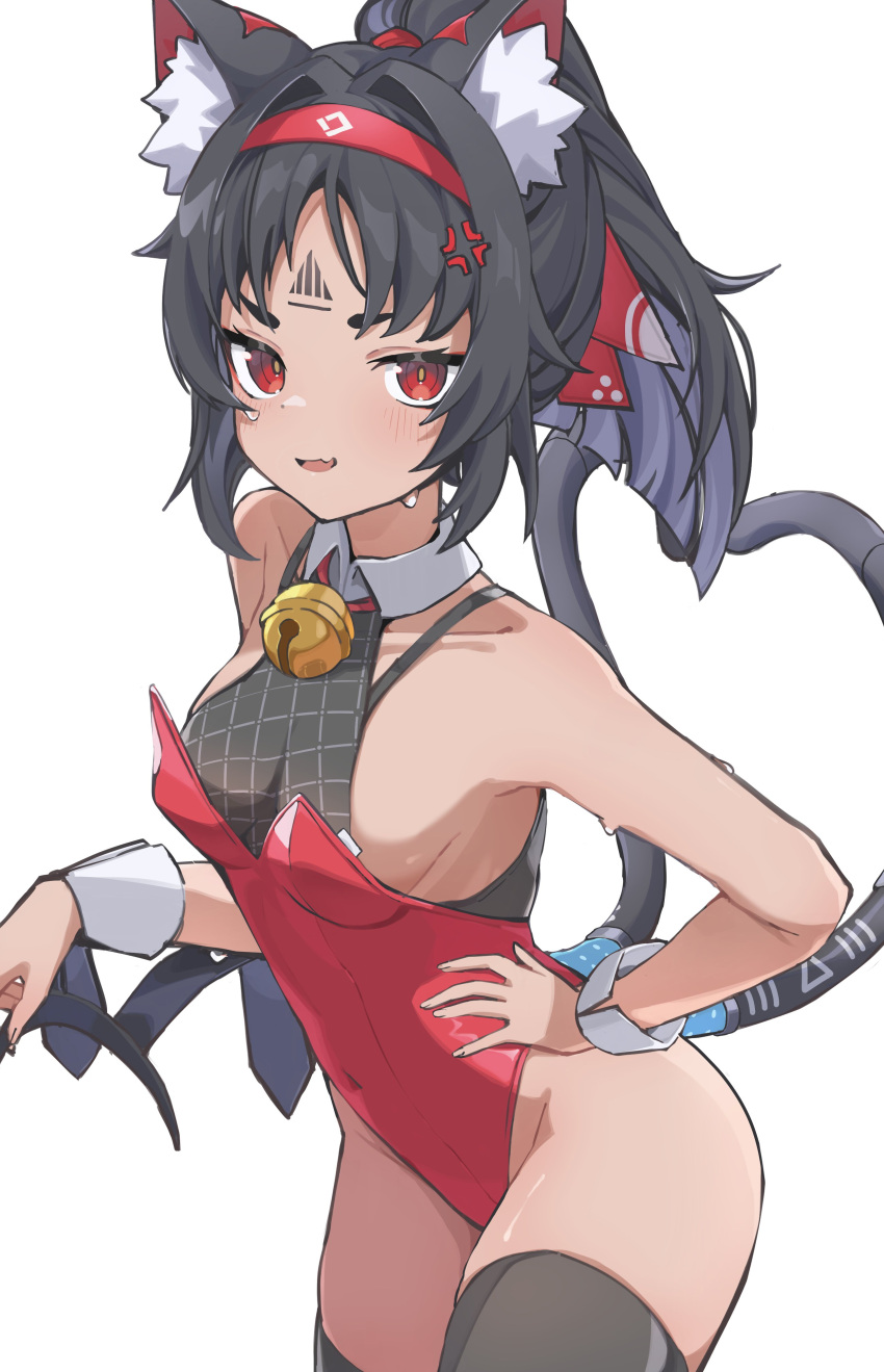 :3 absurdres alternate_costume angeldu anger_vein animal_ear_fluff animal_ear_hairband animal_ears bell black_bra black_hair black_thighhighs blush bra breasts cat_ears cat_girl cat_tail covered_navel cowboy_shot detached_collar facial_mark fake_animal_ears female forehead_mark hair_intakes hair_ribbon hairband hand_on_own_hip highres leotard looking_at_viewer medium_breasts multiple_tails neck_bell nekomiya_mana playboy_bunny ponytail rabbit_ear_hairband rabbit_ears red_eyes red_hairband red_leotard red_ribbon ribbon solo standing tail thighhighs underwear unworn_hairband yellow_pupils zenless_zone_zero