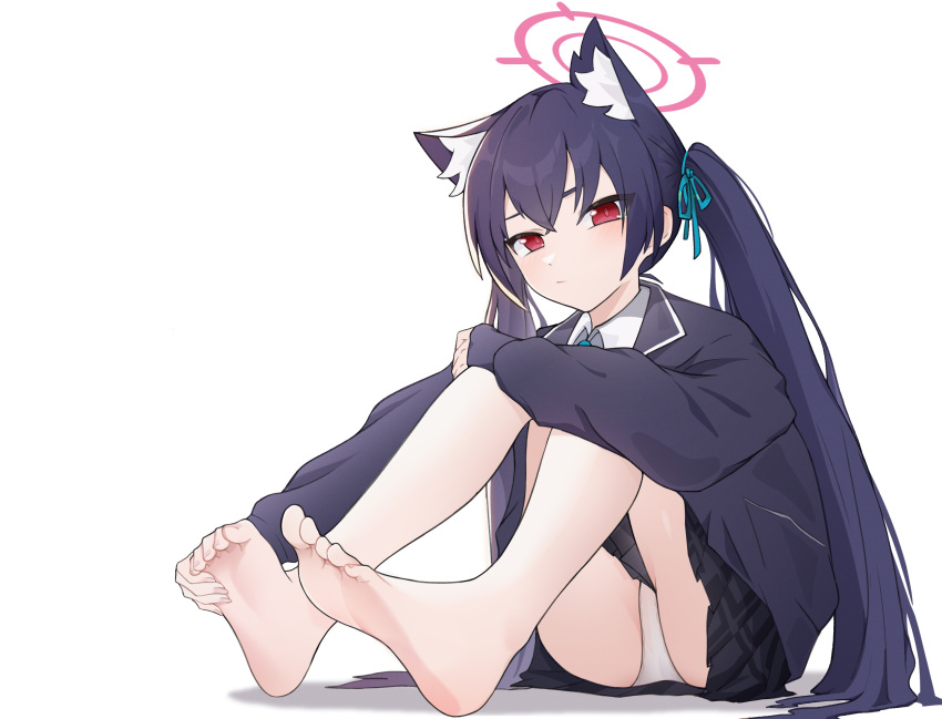 animal_ear_fluff animal_ears barefoot black_hair black_jacket blue_archive blue_ribbon cat_ears collared_shirt extra_ears feet female hair_between_eyes hair_ribbon halo highres holding_own_foot hugging_own_legs jacket long_hair long_sleeves looking_at_viewer panties plaid_clothes plaid_skirt pleated_skirt red_eyes ribbon school_uniform serika_(blue_archive) shirt simple_background sitting skirt skull_bash soles solo toe_scrunch toes twintails underwear white_background white_panties white_shirt wolf_ears