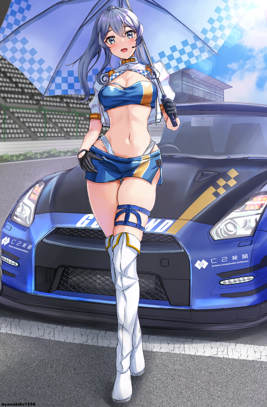 absurdres bandeau black_gloves blue_bandeau blue_eyes blue_hair blue_skirt blue_sky boots breasts car checkered_clothes cloud commentary_request cropped_jacket day female full_body gloves gotland_(fuji_speedway_race_queen_mode)_(kancolle) gotland_(kancolle) hair_between_eyes half_gloves headphones headset highleg highleg_panties highres jacket kantai_collection long_hair looking_at_viewer microphone miniskirt mizuki_(uzuki_no_sato) mole mole_under_eye motor_vehicle navel nissan nissan_gt-r outdoors panties ponytail race_queen racetrack skirt sky smile solo standing thigh_boots two-tone_bandeau umbrella underwear white_footwear white_jacket white_panties