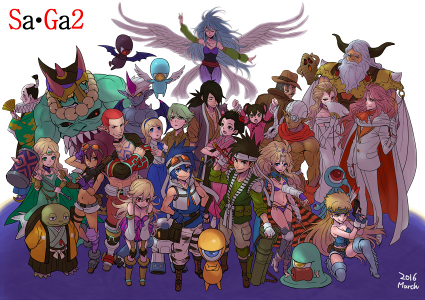 6+boys 6+girls animal backlighting bare_shoulders blonde_hair bloom blue_hair boots breasts brown_hair cape cleavage clothed_animal commentary_request copyright_name detached_sleeves dual_persona elf esper_(saga_2) everyone gloves green_eyes haru_(haruna0112) human_(saga_2) kai large_breasts long_hair midriff multiple_boys multiple_girls navel panties pointy_ears red_eyes saga saga_2 short_hair teacher_(saga_2) underwear