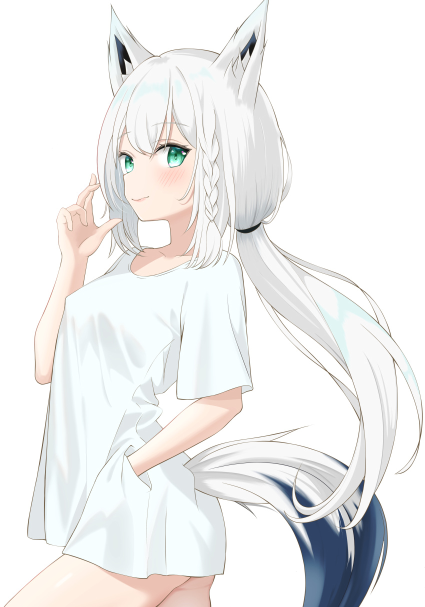 absurdres alternate_costume animal_ear_fluff animal_ears aqua_eyes blush braid commentary_request female fox_ears fox_girl fox_tail hair_between_eyes hand_in_pocket hand_up highres hololive long_hair low_ponytail seriponpoyon shirakami_fubuki shirt side_braid sidelocks simple_background solo tail virtual_youtuber white_background white_shirt