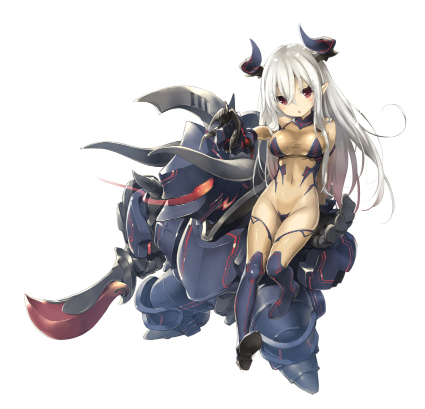 arm_support boots breasts colo_mag-chan colossus_(granblue_fantasy) commentary_request covered_navel draph elbow_gloves female full_body gloves granblue_fantasy hair_between_eyes hand_puppet highleg highleg_leotard highres horns kani_biimu knees_together_feet_apart large_breasts leotard long_hair multicolored_hair open_mouth pink_hair pointy_ears puppet red_eyes sidelocks simple_background sitting solo taut_leotard thigh_boots thighhighs two-tone_hair very_long_hair white_background white_hair