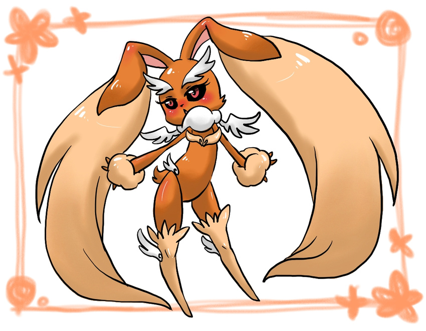 anthro big_ears black_sclera blush brown_body brown_fur female flat_chested fur generation_4_pokemon kemono lagomorph lopunny mammal nintendo pokemon pokemon_(species) red_eyes sakumo solo