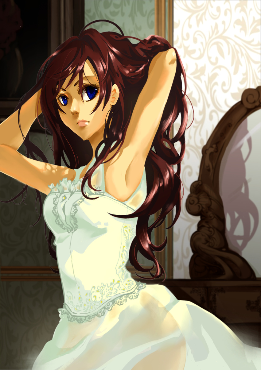 absurdres armpits arms_up assassin's_creed:_unity assassin's_creed_(series) blue_eyes commentary_request dress elise_de_la_serre female highres indoors kojitsugetsu lipstick long_hair makeup mirror painting_(object) photoshop_(medium) red_hair sleeveless sleeveless_dress solo wallpaper_(object)