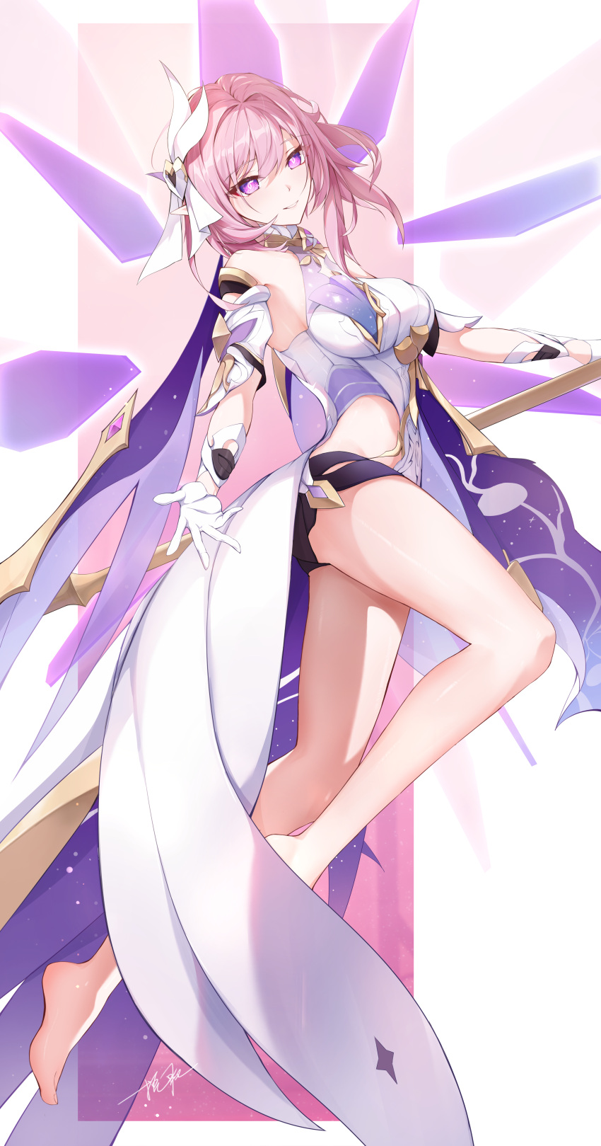 absurdres bare_legs bare_shoulders barefoot black_shorts breasts bridal_veil clothing_cutout commentary_request detached_sleeves diamond-shaped_pupils diamond_(shape) dress elysia_(herrscher_of_human:_ego)_(honkai_impact) elysia_(honkai_impact) female full_body gloves hair_between_eyes hair_intakes highres holding holding_staff honkai_(series) honkai_impact_3rd large_breasts long_hair looking_at_viewer ooo_wange parted_lips pink_hair pink_pupils purple_eyes reaching reaching_towards_viewer shorts side_cutout signature smile soles solo staff symbol-shaped_pupils toes veil white_background white_dress white_gloves white_sleeves white_veil