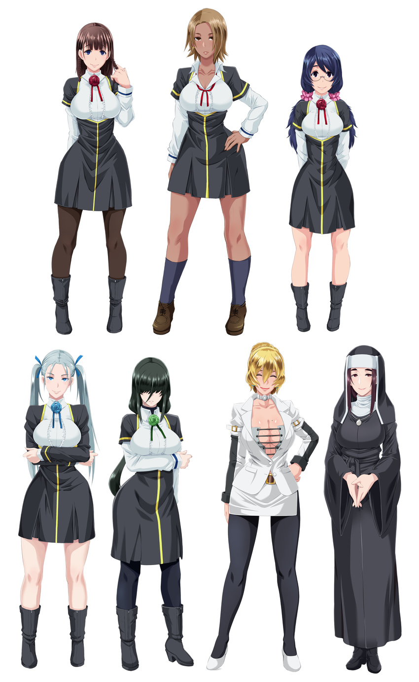 6+girls absurdres belt black_eyes black_hair blonde_hair blue_eyes blue_hair breasts brown_eyes brown_hair business_suit butcha-u cleavage collar collarbone covered_eyes dark-skinned_female dark_skin earrings flower formal full_body glasses hair_over_eyes hair_ribbon hazama_eri highres ijuuin_maya jewelry jinguuji_kirika kurosu_reina large_breasts lipstick long_hair long_skirt looking_at_viewer makeup mature_female meikoku_gakuen_jutai_hen miniskirt mole mole_on_breast mole_under_eye multiple_girls necklace necktie nijou_shizue nun office_lady pantyhose ribbon school_uniform short_hair skirt skirt_suit smile socks standing suit tadoroko_aoi teikei_rio traditional_nun twintails wide_hips