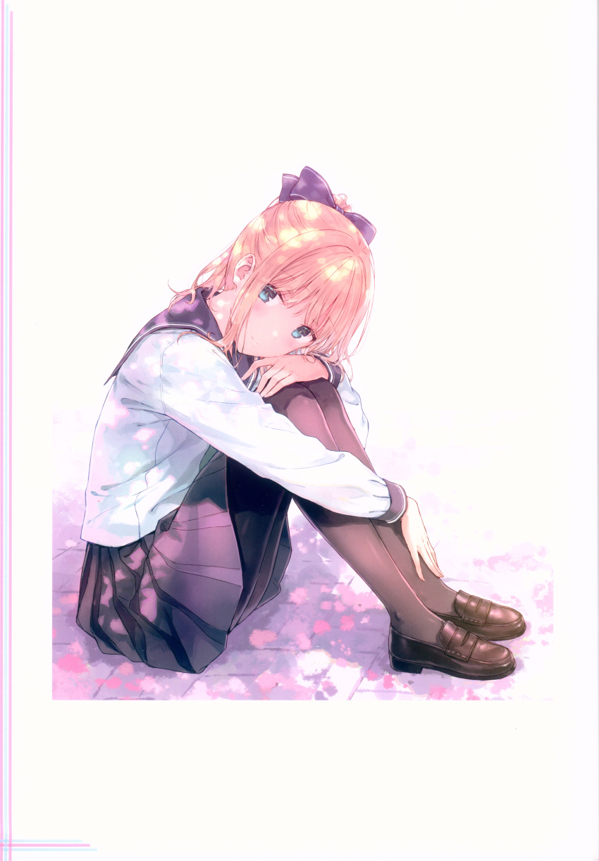 absurdres blonde_hair blue_eyes blush bow brown_footwear closed_mouth female full_body hairbow hand_up highres hiten_(hitenkei) kagurazaka_reina knees_up legs_together loafers long_hair long_sleeves looking_at_viewer original pantyhose photoshop_(medium) pleated_skirt ponytail purple_bow scan school_uniform serafuku shoes sidelocks sitting skirt solo