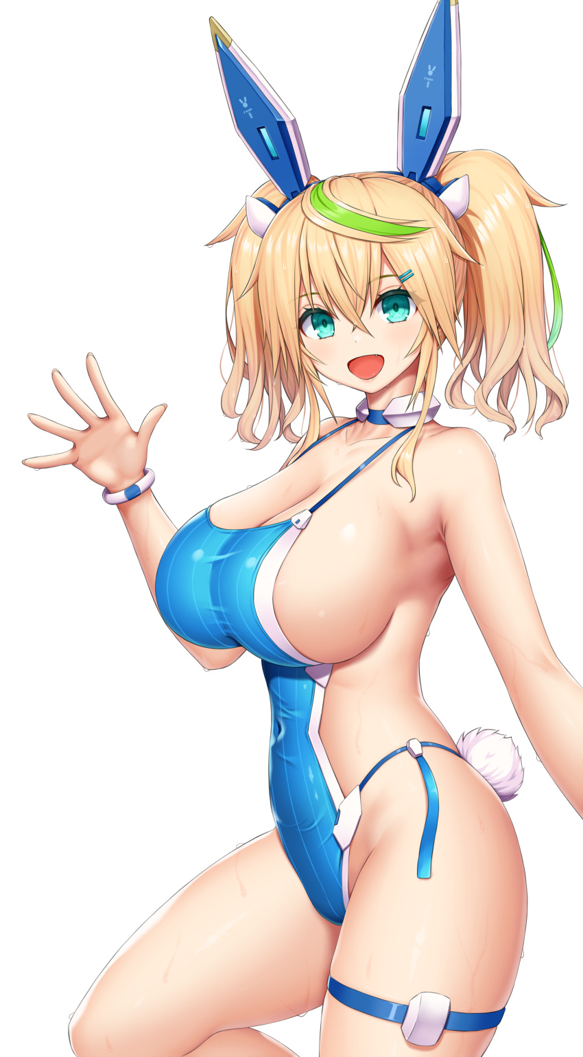 absurdres animal_ears aqua_eyes asamura_hiori bare_shoulders blonde_hair blush breasts cleavage fake_animal_ears fake_tail female gene_(pso2) green_hair hair_between_eyes highres huge_breasts leotard linked_bikini looking_at_viewer monokini multicolored_hair oerba_yun_fang one-piece_swimsuit open_mouth phantasy_star phantasy_star_online_2 playboy_bunny rabbit_ears sideless_leotard simple_background smile solo streaked_hair swimsuit tail twintails two-tone_hair