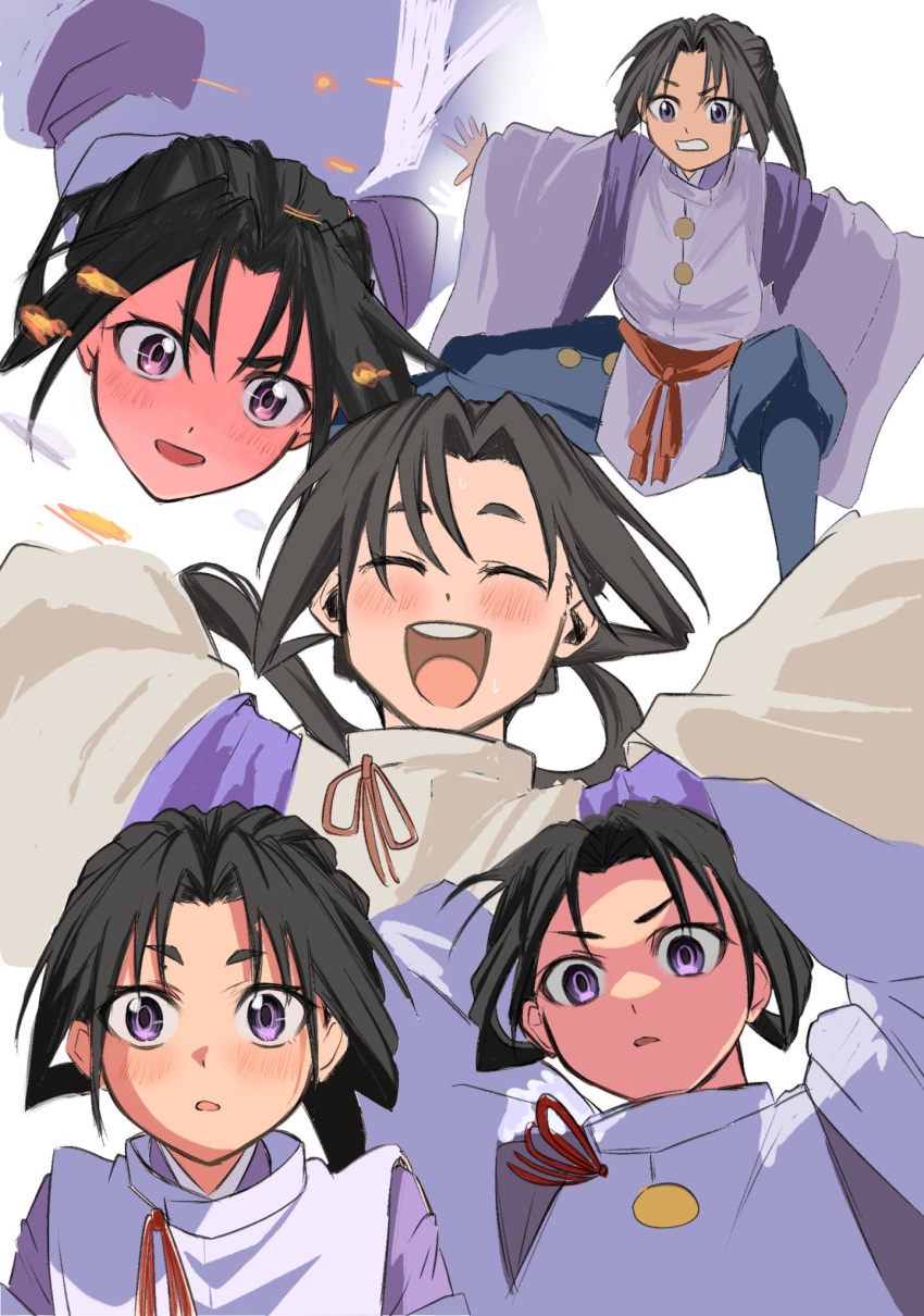 1boy :d arms_up black_hair blue_hakama blush bow closed_eyes cropped_shoulders falling feet_out_of_frame floating_clothes floating_hair grimace hakama hakama_pants highres houjou_tokiyuki_(nige_jouzu_no_wakagimi) japanese_clothes kariginu long_hair long_sleeves looking_at_viewer male_focus multiple_views nige_jouzu_no_wakagimi open_mouth oulzduwugtfsgbh pants parted_bangs ponytail purple_eyes raised_eyebrow red_sash sash scene_reference sidelocks_tied_back simple_background smile teeth upper_teeth_only v-shaped_eyebrows white_background wide-eyed wide_sleeves