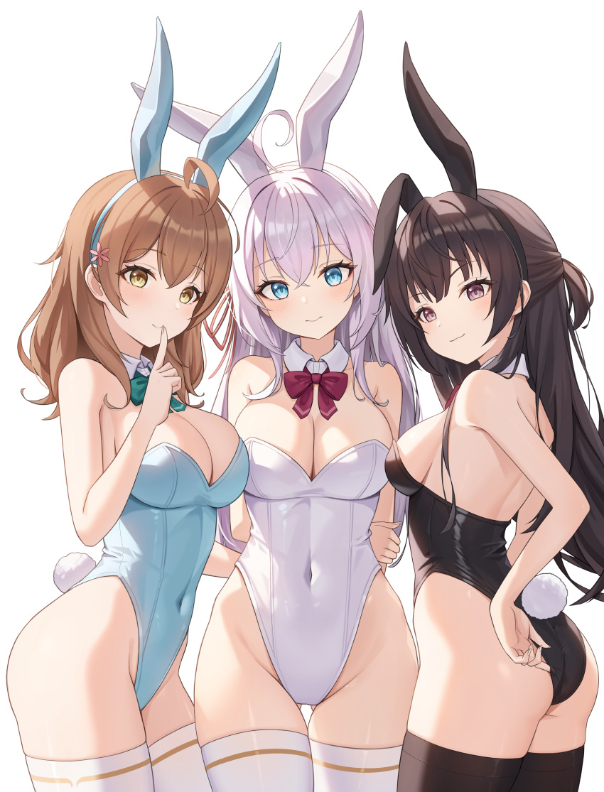 3girls absurdres ahoge alisa_mikhailovna_kujou animal_ears aqua_bow aqua_bowtie arms_behind_back ass ass_visible_through_thighs bare_shoulders black_eyes black_hair black_leotard black_thighhighs blonde_hair blue_eyes blue_leotard bow bowtie breasts brown_hair cleavage closed_mouth collar commentary_request commission covered_navel detached_collar fake_animal_ears fake_tail finger_to_mouth flower hair_flower hair_ornament halonakoma9 highleg highleg_leotard highres large_breasts leotard light_smile long_hair looking_at_viewer mariya_mikhailovna_kujou medium_breasts multiple_girls pixiv_commission playboy_bunny purple_eyes rabbit_ears rabbit_tail red_bow red_bowtie ribbon sideboob simple_background smile standing strapless strapless_leotard suou_yuki tail thighhighs thighs tokidoki_bosotto_roshia-go_de_dereru_tonari_no_alya-san white_background white_collar white_hair white_leotard white_thighhighs yellow_eyes