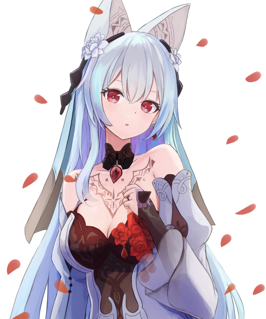 :o animal_ears bare_shoulders black_dress blue_hair blue_veil breasts cat_ears chinese_commentary choker cleavage commentary detached_sleeves dress earrings fake_animal_ears falling_petals female flower gradient_hair hair_flower hair_ornament highres honkai_(series) honkai_impact_3rd jewelry kosode_(syakoto) lace lace_choker large_breasts long_hair looking_at_viewer multicolored_hair official_alternate_costume petals red_eyes red_flower red_petals red_rose rose simple_background sleeveless sleeveless_dress solo theresa_apocalypse theresa_apocalypse_(luna_kindred) theresa_apocalypse_(lunar_vow:_crimson_love) theresa_apocalypse_(till_death_do_us_part) upper_body veil white_background white_hair white_sleeves