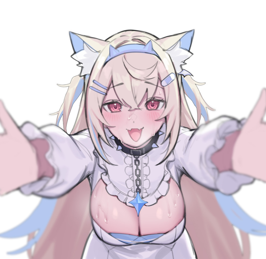 animal_ear_fluff animal_ears blonde_hair blue_hair blush breasts dasdokter dog_ears dog_girl female fuwawa_abyssgard hair_ornament highres hololive hololive_english large_breasts long_hair multicolored_hair simple_background solo streaked_hair sweat virtual_youtuber white_background