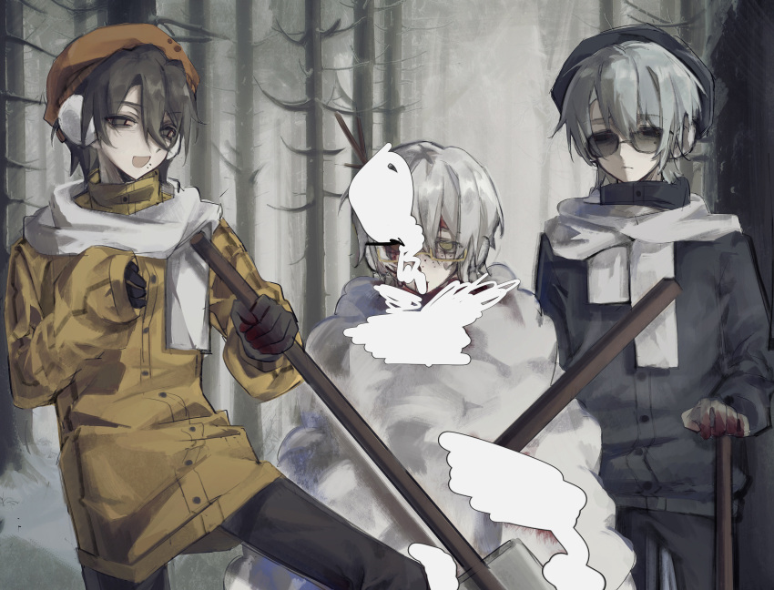 3boys absurdres bai_ling_(touqi_guaitan) bare_tree black_gloves black_hair black_hat black_jacket black_pants blood blood_on_face brown_hat censored chinese_commentary commentary_request earmuffs freckles gloves grey_hair hair_between_eyes hat highres holding holding_shovel jacket liu_qingcheng male_focus multiple_boys outdoors pants scarf semi-rimless_eyewear shi_zhaoying short_hair shovel sleeves_past_wrists snow sunglasses touqi_guaitan tree white_hair white_scarf winter women_tao_ba yellow_jacket