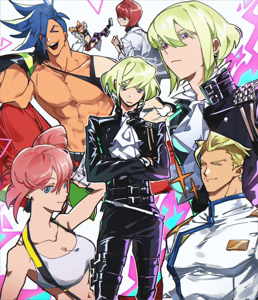 3boys 3girls absurdres aina_ardebit ascot blonde_hair blue_hair crop_top crossed_arms galo_thymos green_hair heris_ardebit highres jacket kray_foresight leather leather_jacket leather_pants lio_fotia looking_at_viewer lucia_fex multiple_boys multiple_girls pants pink_eyes pink_hair promare short_hair sickjwa toned toned_male white_ascot