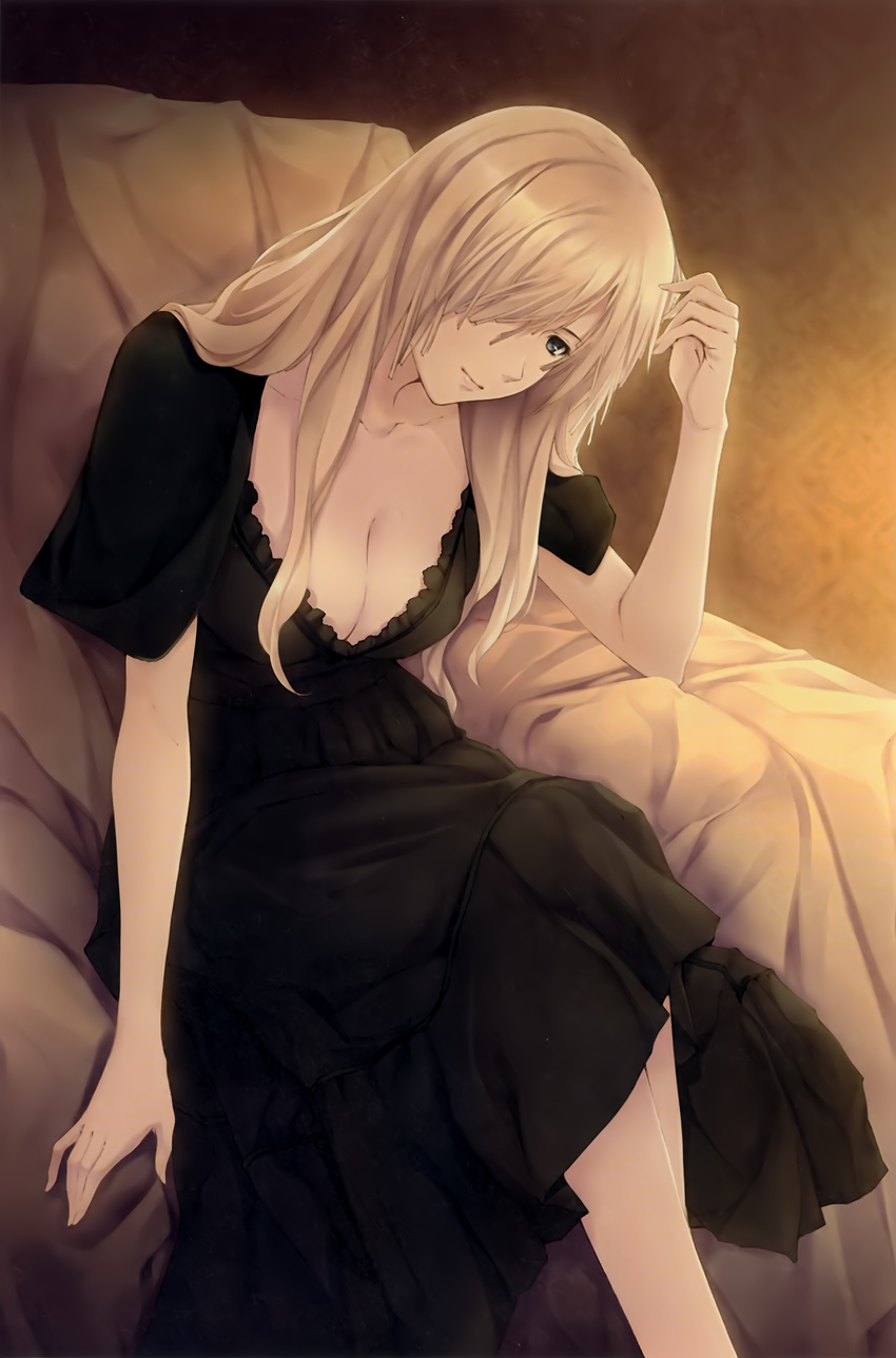 absurdres black_dress blonde_hair breasts cleavage dress female frills grey_eyes hair_over_one_eye highres large_breasts lips long_hair pp:_pianissimo sitting solo souma_aoi sugina_miki