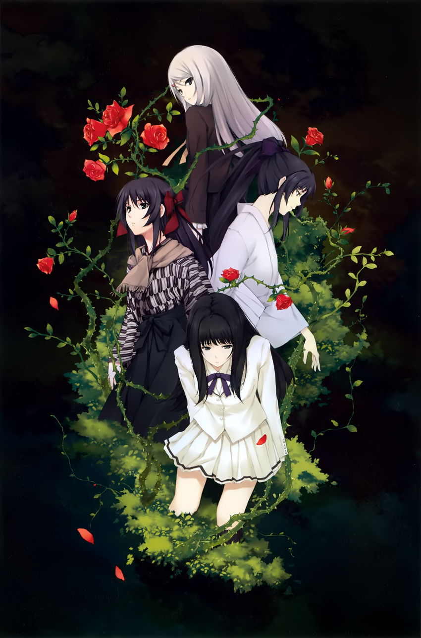 4girls absurdres black_hair cartagra flower grey_hair hakama hakama_skirt highres japanese_clothes kara_no_shoujo kimono kouzuki_kazuna kouzuki_yura kuchiki_touko meiji_schoolgirl_uniform mikanagi_kuon multiple_girls petals plant ponytail pp:_pianissimo red_flower red_rose rose school_uniform siblings sisters skirt sugina_miki thorns twins vines yagasuri