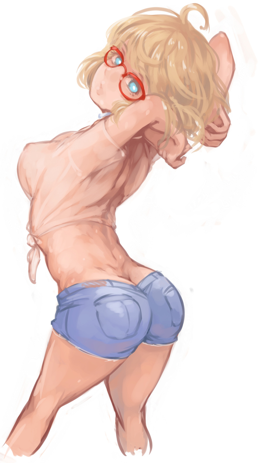 ahoge annie_brown arched_back arms_behind_head arms_up ass blonde_hair blue_eyes breasts butt_crack commentary_request covered_nipples cutoffs demstouts denim denim_shorts feet_out_of_frame female from_behind glasses highres looking_at_viewer looking_back medium_breasts midriff red-framed_eyewear see-through shaft_look shimoneta_to_iu_gainen_ga_sonzai_shinai_taikutsu_na_sekai shirt short_hair shorts simple_background solo standing stretching tied_shirt white_background