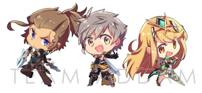 2boys addam_origo aegis_sword_(xenoblade) armor blonde_hair boots breasts brown_hair chibi commentary dual_wielding female gloves gun handgun highres holding long_hair looking_at_viewer minoth_(xenoblade) multiple_boys mythra_(xenoblade) open_mouth pauldrons ponytail shirohunter short_hair shoulder_armor simple_background smile sword weapon white_hair xenoblade_chronicles_(series) xenoblade_chronicles_2 xenoblade_chronicles_2:_torna_-_the_golden_country yellow_eyes