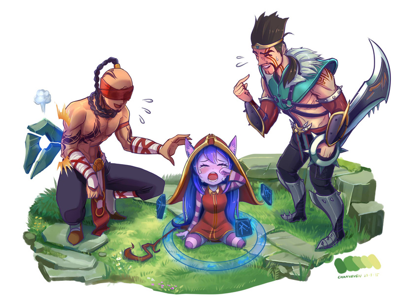 2boys blue_sentinel chan_qi_(fireworkhouse) closed_eyes commentary crying draven female flying_sweatdrops gameplay_mechanics league_of_legends lee_sin lulu_(league_of_legends) multiple_boys simple_background smile staff tears white_background yordle