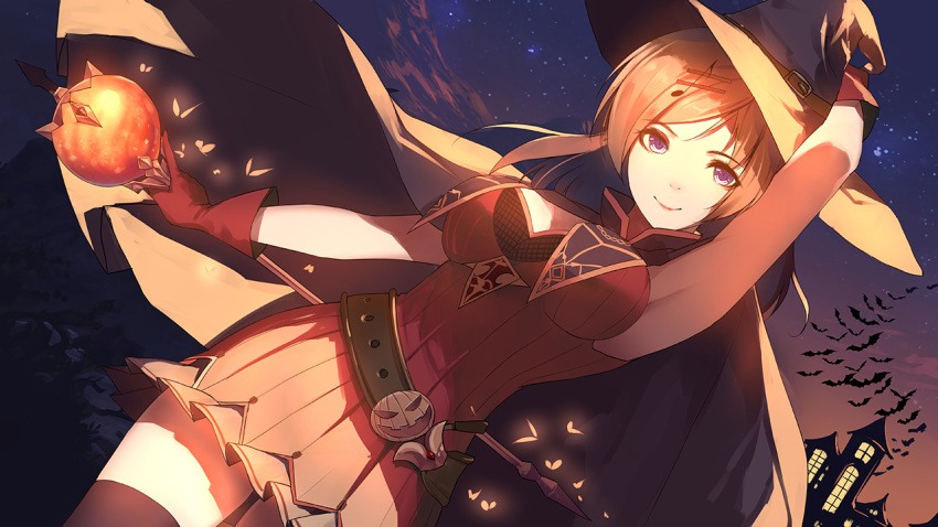 animal bat brown_hair building caidychen cape diversity_promotions dress fujiwara_yuzuru garter_belt gloves night purple_eyes sky staff stars thighhighs witch