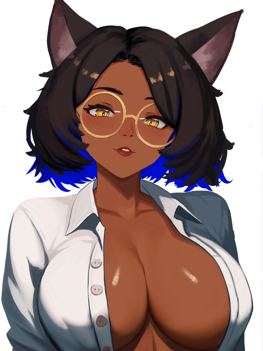 absurdres animal_ears black_hair blue_hair blush breasts breasts_apart bright_pupils camille_rhodes_(yan_kodiac) cat_ears collarbone collared_shirt colored_inner_hair commentary dark-skinned_female dark_skin english_commentary female glasses highres large_breasts looking_at_viewer multicolored_hair open_clothes open_shirt original parted_lips round_eyewear shirt short_hair simple_background smile solo upper_body white_background white_pupils yan_kodiac yellow-framed_eyewear yellow_eyes