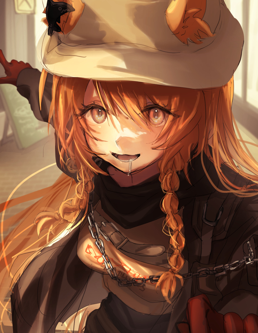 animal_ears arknights black_jacket black_scarf braid brown_hair ceobe_(arknights) ceobe_(unfettered)_(arknights) chains dog_ears dog_girl drooling ears_through_headwear female gloves hat highres jacket jio_(baku_zugogo) long_hair long_sleeves looking_at_viewer official_alternate_costume open_clothes open_mouth orange_eyes pointing red_gloves scarf side_braids smile solo twin_braids upper_body white_hat