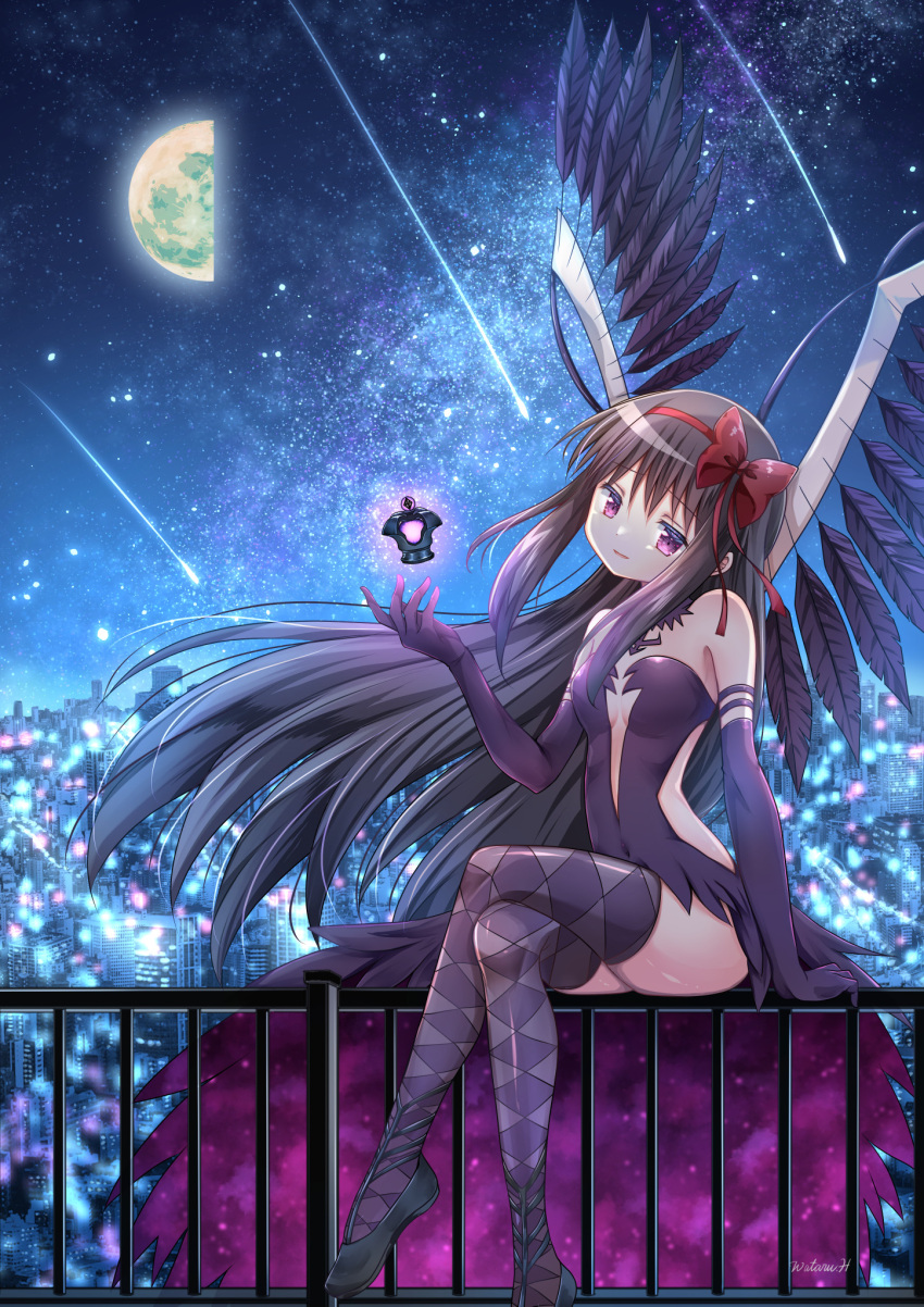 akemi_homura akuma_homura argyle_clothes argyle_thighhighs armlet ballet_slippers bare_shoulders black_collar black_dress black_footwear black_gloves black_hair black_wings bow breasts center_opening city collar crossed_legs dress elbow_gloves feather-trimmed_dress feathered_wings female full_body gloves glowing_gem hairband hairbow half_moon highres hoshikage_wataru jewelry long_dress long_hair looking_at_viewer mahou_shoujo_madoka_magica mahou_shoujo_madoka_magica:_hangyaku_no_monogatari meteor_shower moon night night_sky object_floating_above_hand on_railing open_clothes open_dress open_mouth outdoors outstretched_hand purple_eyes purple_thighhighs railing red_bow red_hairband side_slit sidelocks sitting sky small_breasts smile solo soul_gem space_print star_(sky) starry_sky starry_sky_print straight_hair strapless strapless_dress thighhighs two-sided_dress two-sided_fabric very_long_hair wings