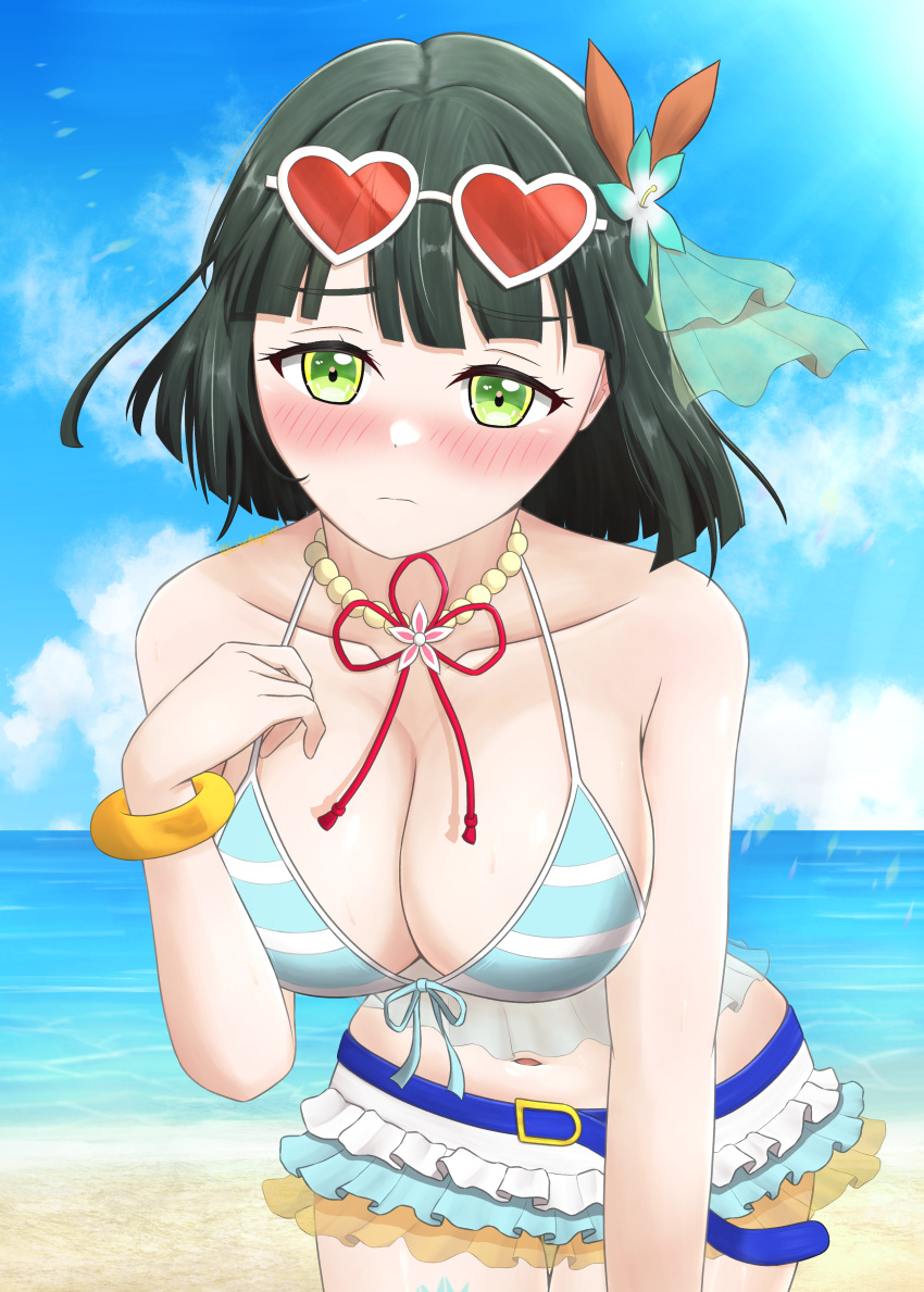 3: absurdres aqua_flower beach belt bikini bikini_skirt black_hair blue_belt blue_bikini blue_sky blunt_bangs blunt_ends blush breasts cleavage closed_mouth collarbone commentary_request cosplay cowboy_shot eyewear_on_head female flower flower_knot flower_necklace green_eyes hair_flower hair_ornament heart heart-shaped_eyewear highres large_breasts leaning_forward link!_like!_love_live! livemegane long_belt looking_at_viewer love_live! love_live!_school_idol_project midriff momose_ginko natsuiro_egao_de_1_2_jump! navel nishikino_maki nishikino_maki_(cosplay) nose_blush official_alternate_costume red-tinted_eyewear short_hair sky solo split_mouth striped_bikini striped_clothes sunglasses swimsuit tinted_eyewear virtual_youtuber white-framed_eyewear