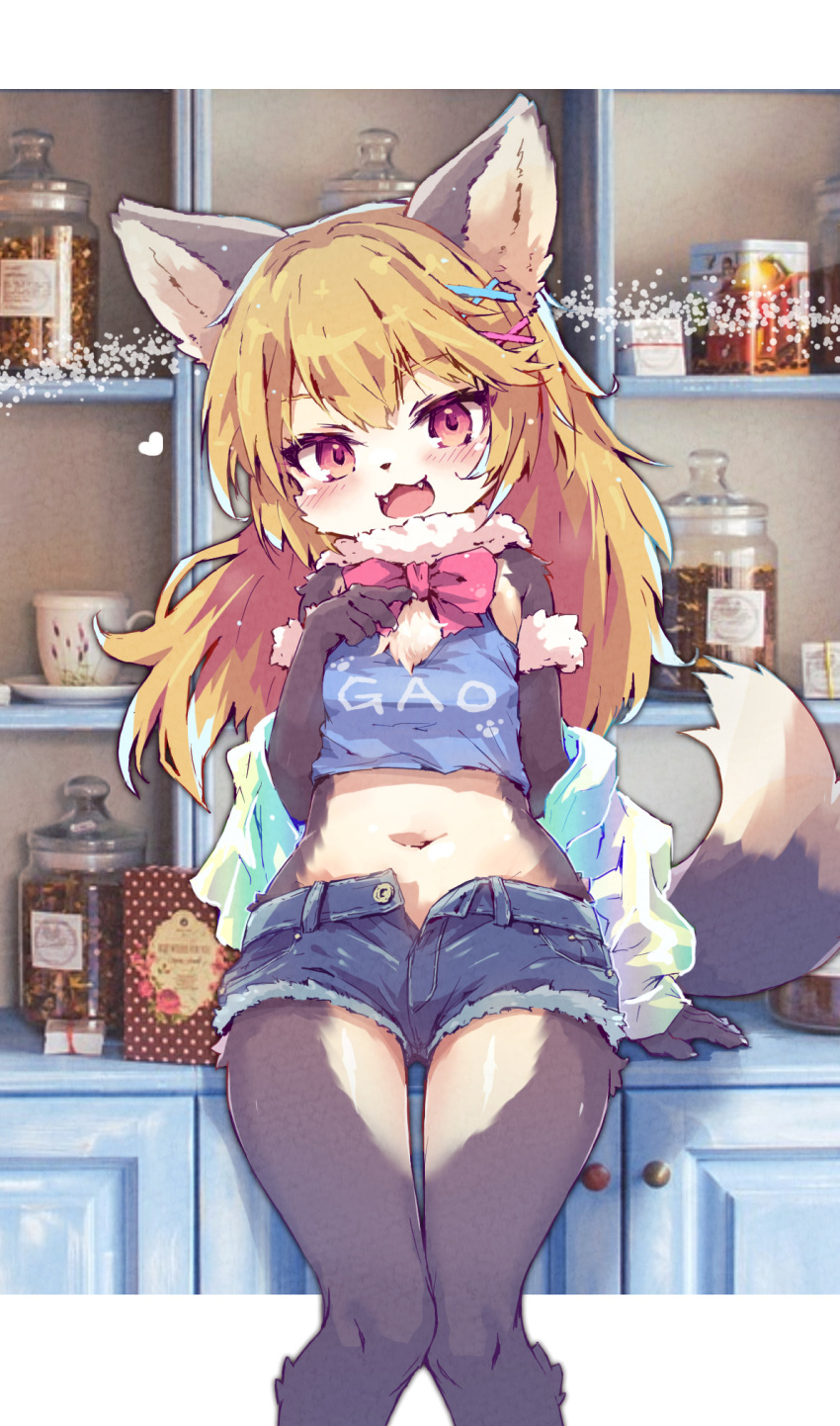 akuma_gaoru animal_ear_fluff animal_ears animal_nose black_fur blonde_hair blue_shirt body_fur clothes_writing cutoffs denim denim_shorts dog_ears dog_girl dog_tail fangs female furry furry_female futaba_channel hair_ornament hairclip hand_on_own_chest highres indoors jacket jar kolshica long_hair looking_at_viewer midriff navel nijiura off_shoulder open_fly open_mouth red_eyes shelf shirt short_shorts shorts sleeveless sleeveless_shirt smile solo tail thigh_gap thighs two-tone_fur unbuttoned white_fur white_jacket