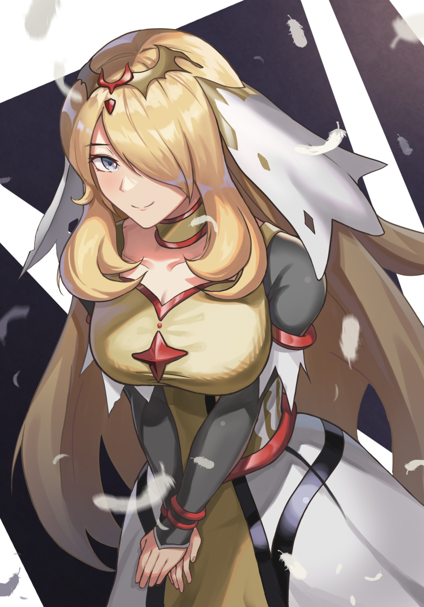 absurdres blonde_hair breasts choker closed_mouth commentary cynthia_(pokemon) cynthia_(sygna_suit)_(renegade)_(pokemon) dress falling_feathers feathers female gold_dress grey_eyes grey_sleeves hair_over_one_eye highres korean_commentary large_breasts long_hair looking_at_viewer multicolored_clothes multicolored_dress official_alternate_costume own_hands_together pokemon pokemon_masters_ex smile solo tiara uha veil very_long_hair