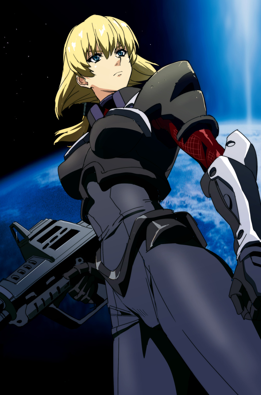 armor black_gloves blonde_hair blue_eyes blue_gender breastplate breasts clenched_hand earth_(planet) female gloves gun highres holding holding_gun holding_weapon ishii_takamori looking_up marlene_angel medium_breasts medium_hair planet solo space tied_hair v-shaped_eyebrows weapon