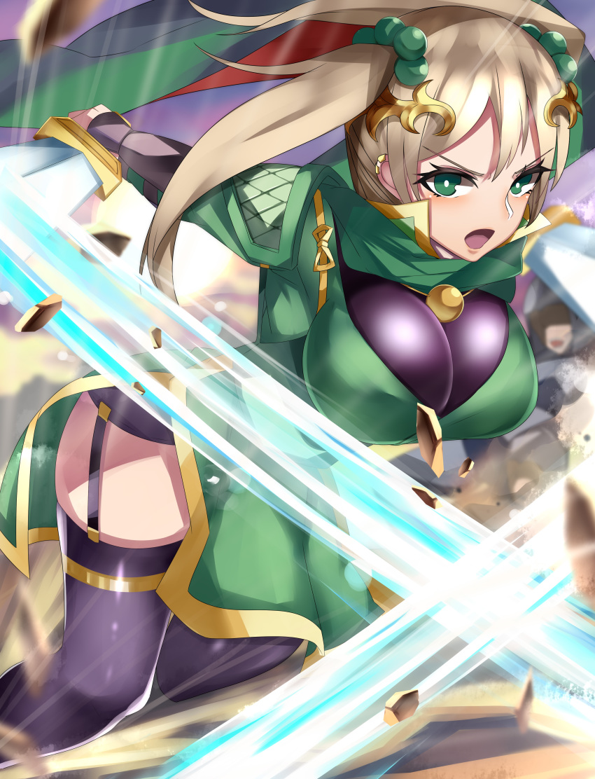 absurdres armor blonde_hair breasts cleavage_cutout clothing_cutout dual_wielding female garter_straps green_eyes guan_yinping hair_bobbles hair_ornament highres holding holding_sword holding_weapon impossible_clothes impossible_shirt japanese_armor kote kurokote large_breasts long_hair long_sleeves motion_blur open_mouth shin_sangoku_musou shirt slashing solo sword thighhighs tiamat_(momokuri_mannen) twintails v-shaped_eyebrows weapon