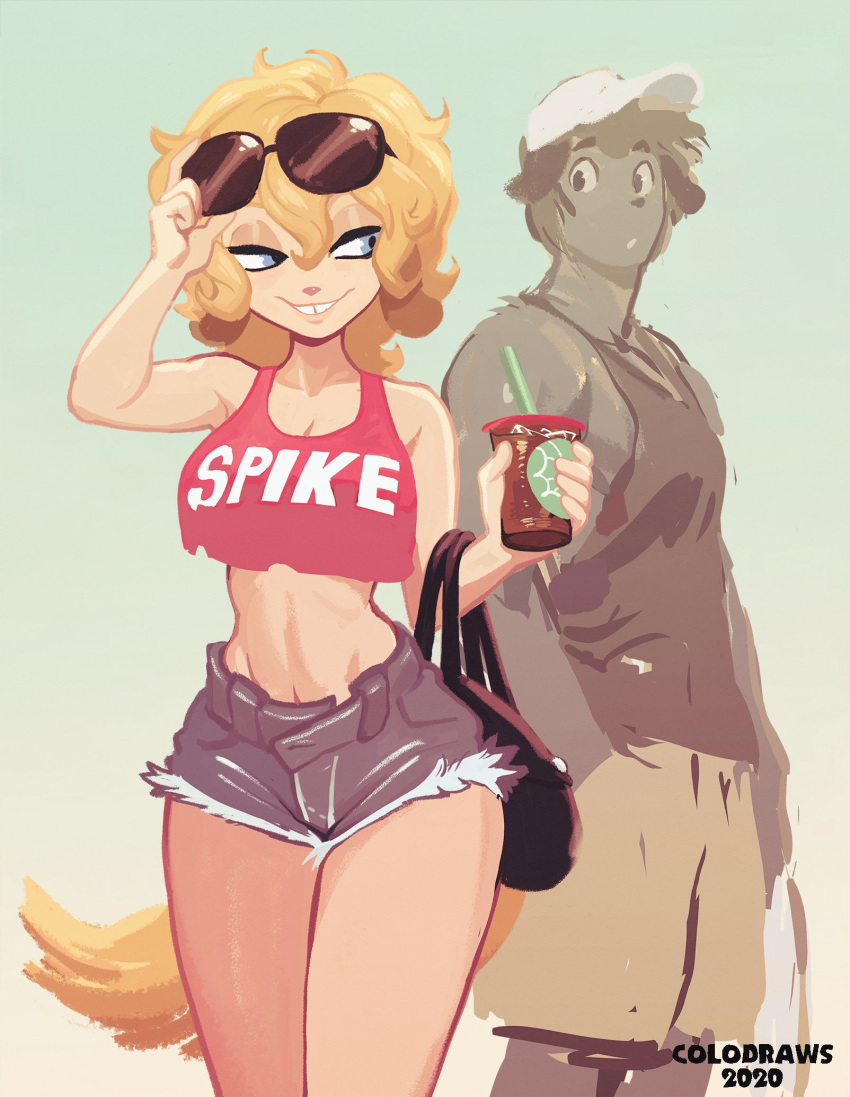 2020 anthro beverage blonde_hair blue_eyes bottomwear canid canine canis clothing colo cutoffs denim denim_bottomwear denim_clothing domestic_dog duo eyewear eyewear_on_head female hair hi_res looking_back male mammal midriff purse shirt shorts sunglasses sunglasses_on_head tank_top text text_on_clothing text_on_shirt text_on_tank_top text_on_topwear tooth_gap topwear