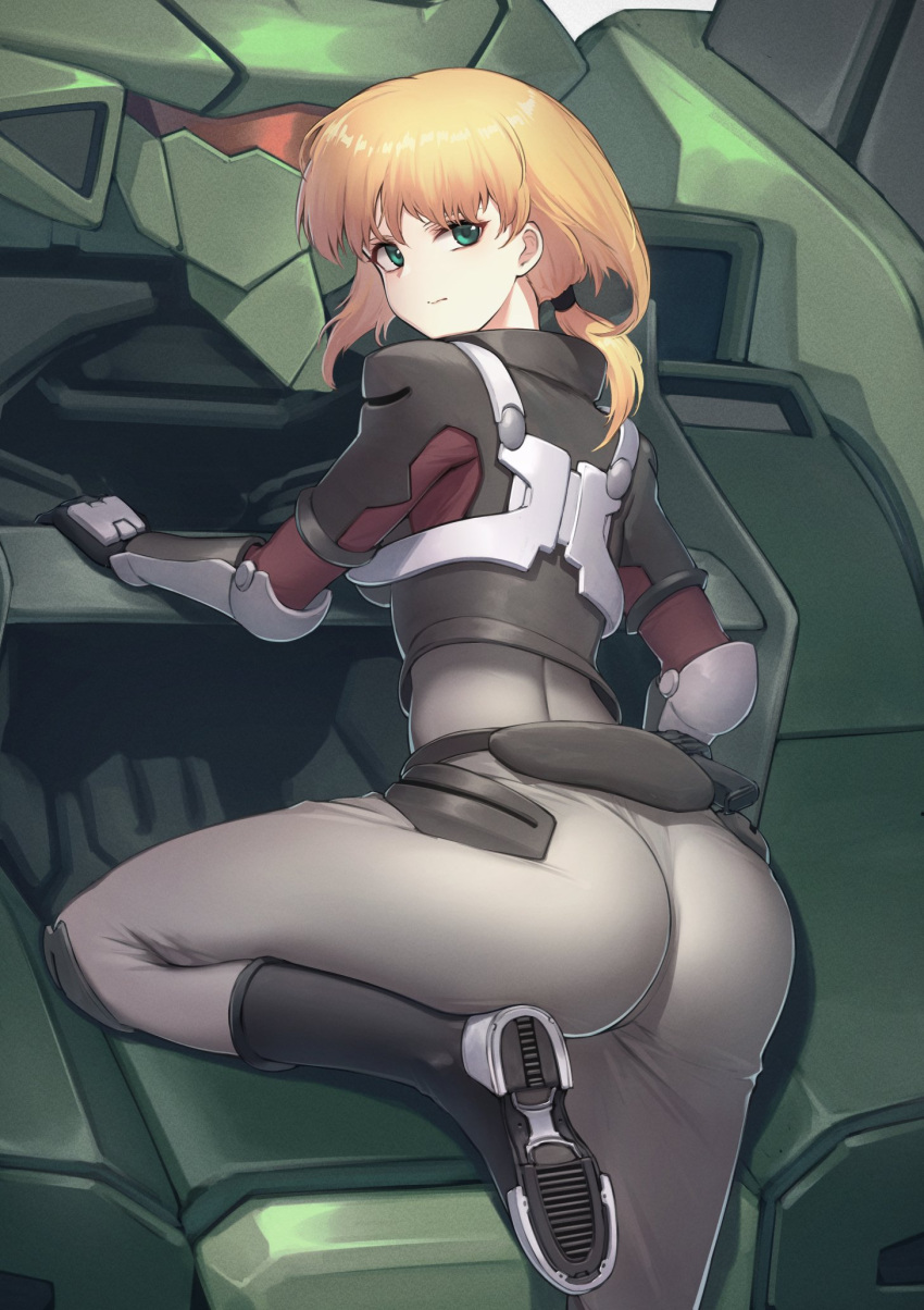 ass blonde_hair blue_gender blush bodysuit boots breasts bullseye_(blue_gender) commentary_request cropped_jacket female from_behind green_eyes grey_bodysuit highres itaco long_hair looking_at_viewer looking_back marlene_angel mecha medium_breasts pilot_suit ponytail robot science_fiction solo